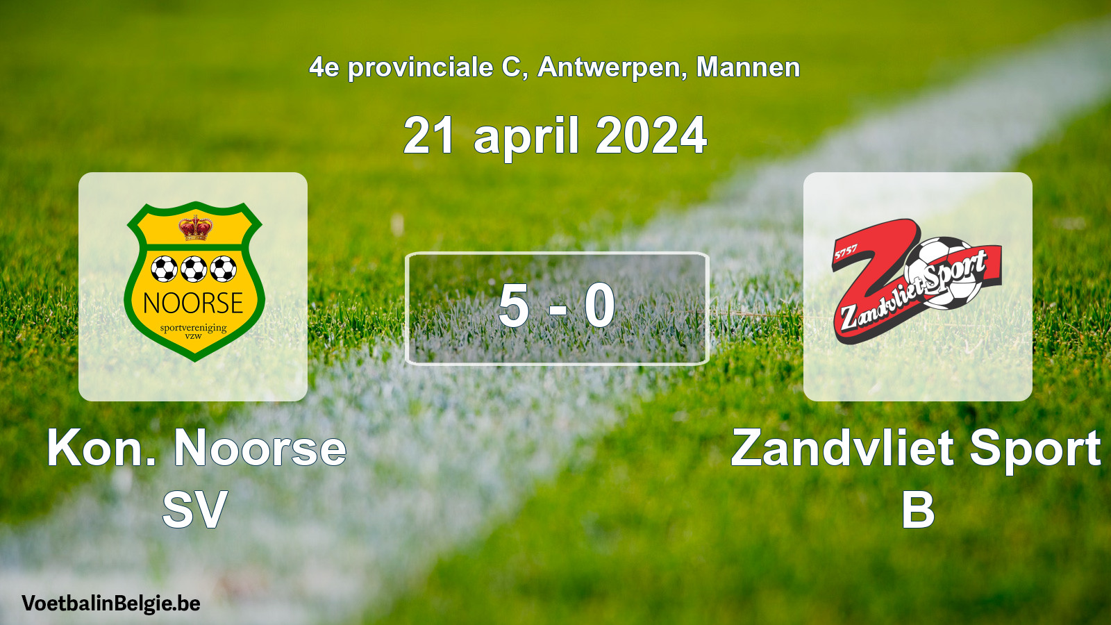 Gespeelde wedstrijd mannenvoetbal: Kon. Noorse SV - Zandvliet Sport B 5 - 0 (21 april 2024)