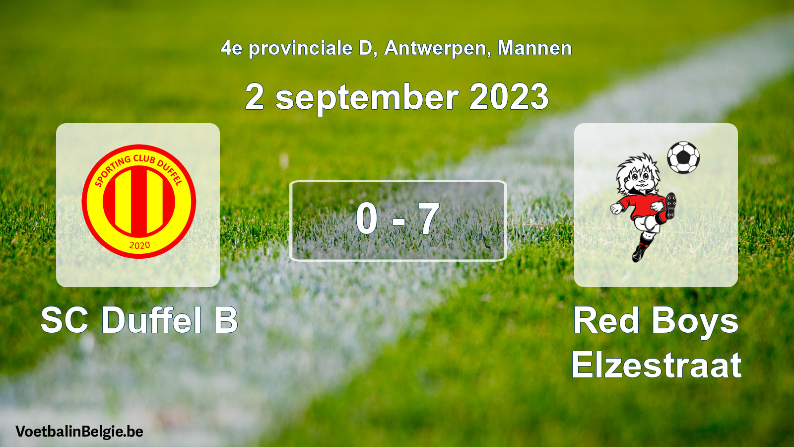 Gespeelde wedstrijd mannenvoetbal: SC Duffel B - Red Boys Elzestraat 0 - 7 (2 september 2023)