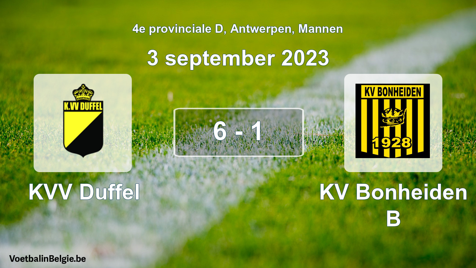 Gespeelde wedstrijd mannenvoetbal: KVV Duffel - KV Bonheiden B 6 - 1 (3 september 2023)