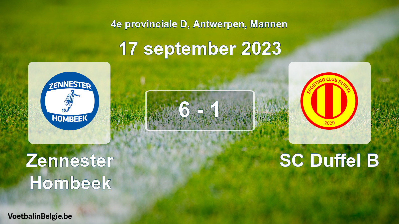 Gespeelde wedstrijd mannenvoetbal: Zennester Hombeek - SC Duffel B 6 - 1 (17 september 2023)