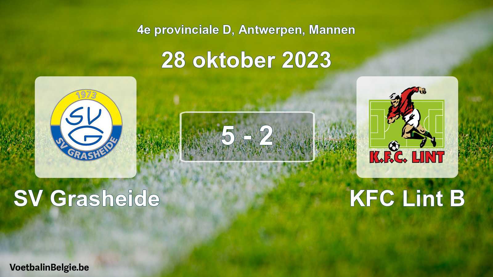 Gespeelde wedstrijd mannenvoetbal: SV Grasheide - KFC Lint B 5 - 2 (28 oktober 2023)