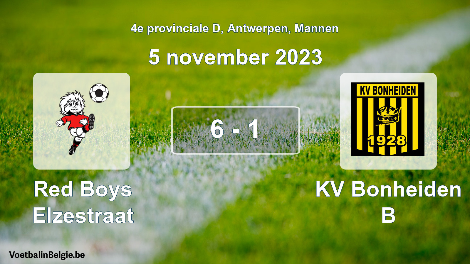 Gespeelde wedstrijd mannenvoetbal: Red Boys Elzestraat - KV Bonheiden B 6 - 1 (5 november 2023)