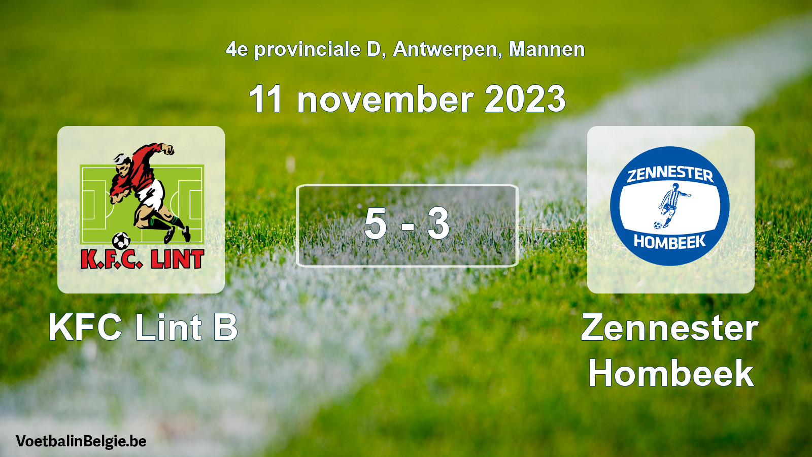 Gespeelde wedstrijd mannenvoetbal: KFC Lint B - Zennester Hombeek 5 - 3 (11 november 2023)