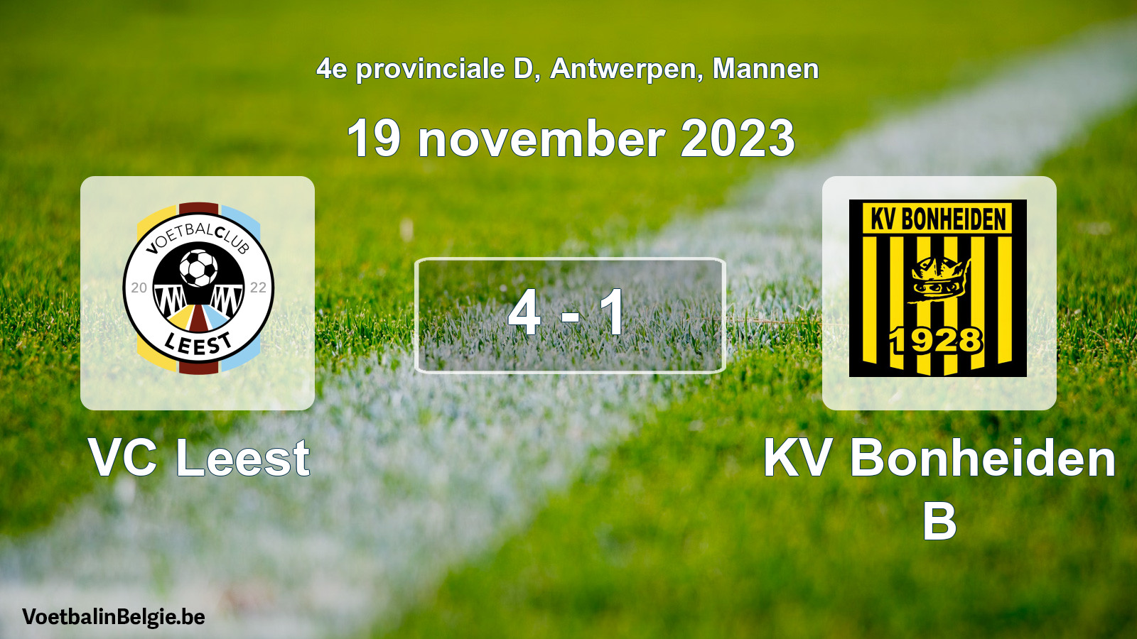 Gespeelde wedstrijd mannenvoetbal: VC Leest - KV Bonheiden B 4 - 1 (19 november 2023)