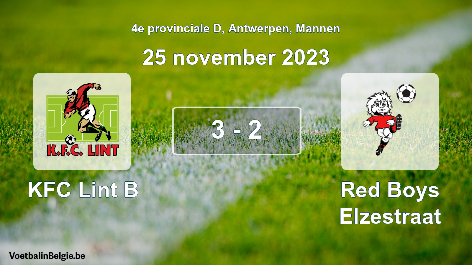 Gespeelde wedstrijd mannenvoetbal: KFC Lint B - Red Boys Elzestraat 3 - 2 (25 november 2023)