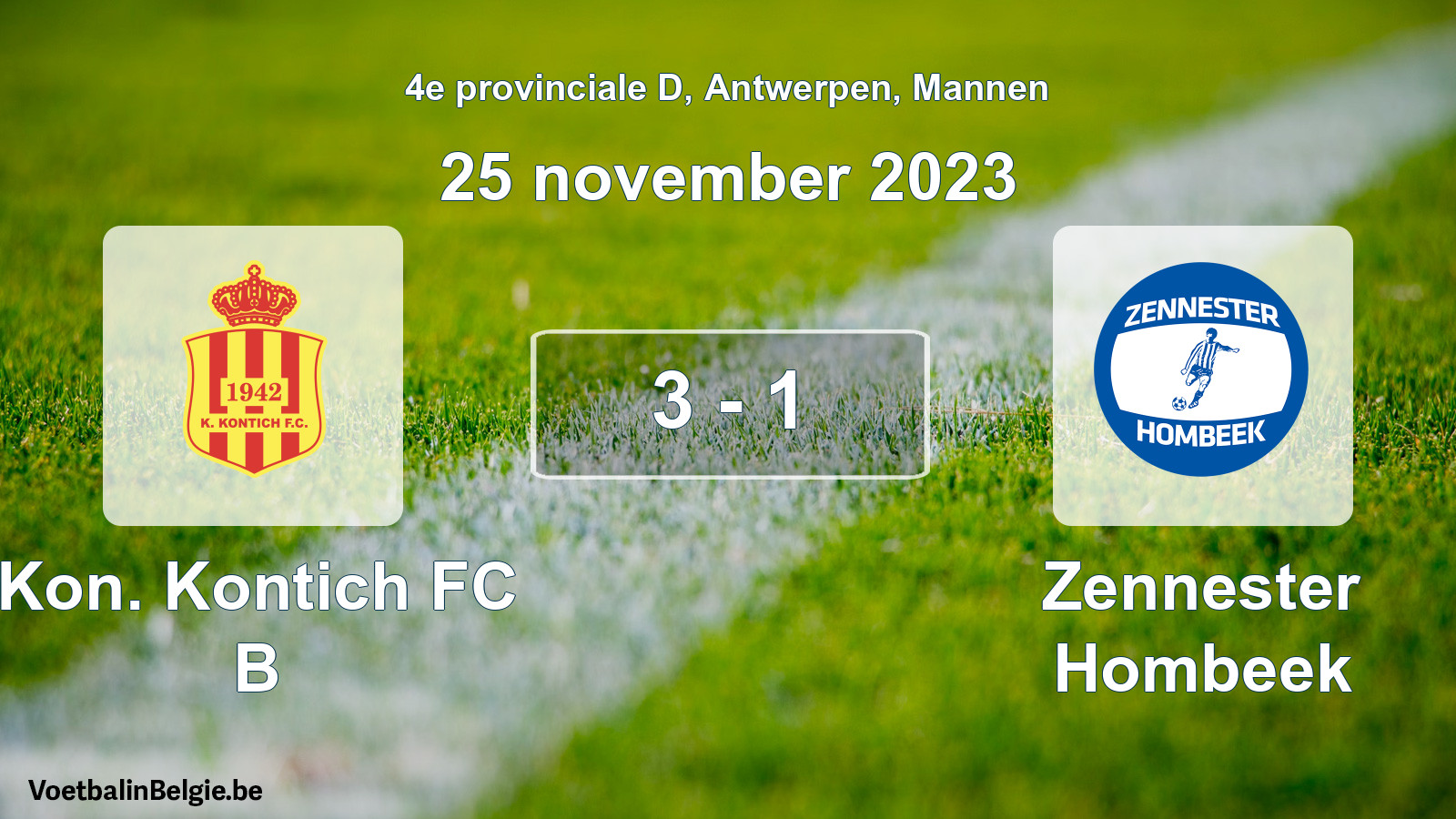 Gespeelde wedstrijd mannenvoetbal: Kon. Kontich FC B - Zennester Hombeek 3 - 1 (25 november 2023)
