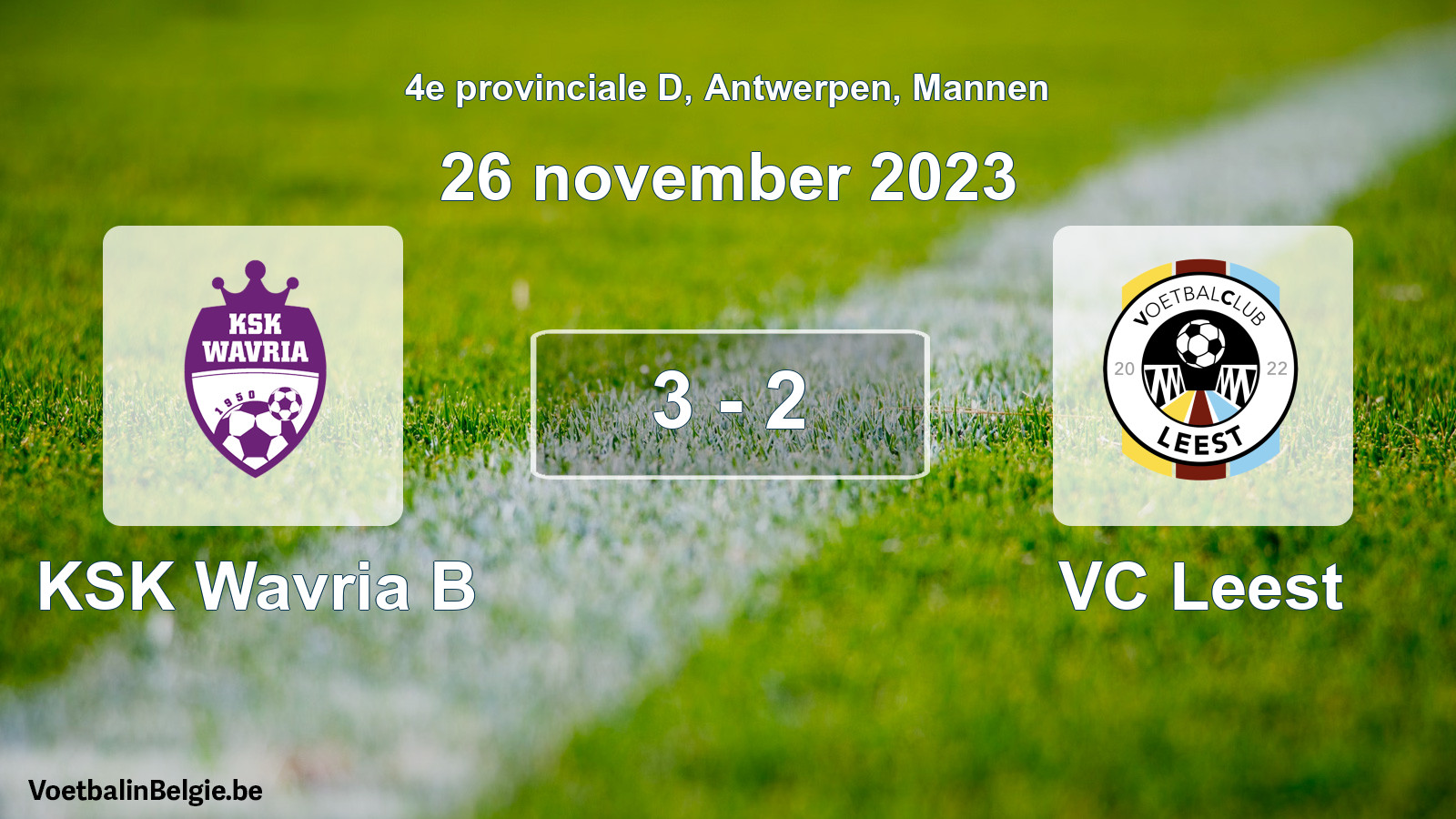 Gespeelde wedstrijd mannenvoetbal: KSK Wavria B - VC Leest 3 - 2 (26 november 2023)