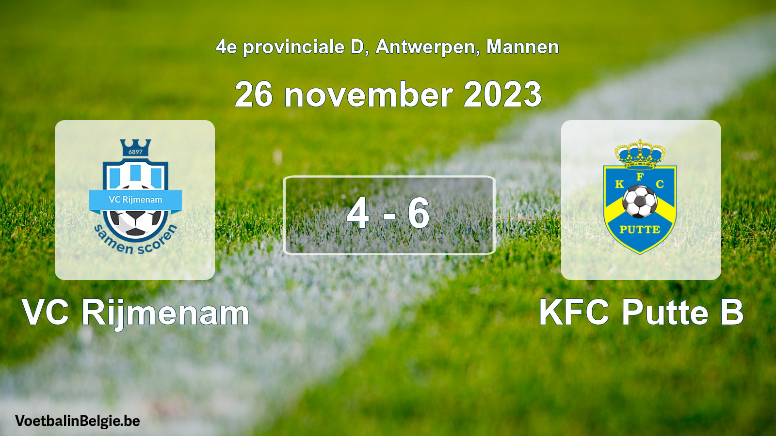 Gespeelde wedstrijd mannenvoetbal: VC Rijmenam - KFC Putte B 4 - 6 (26 november 2023)