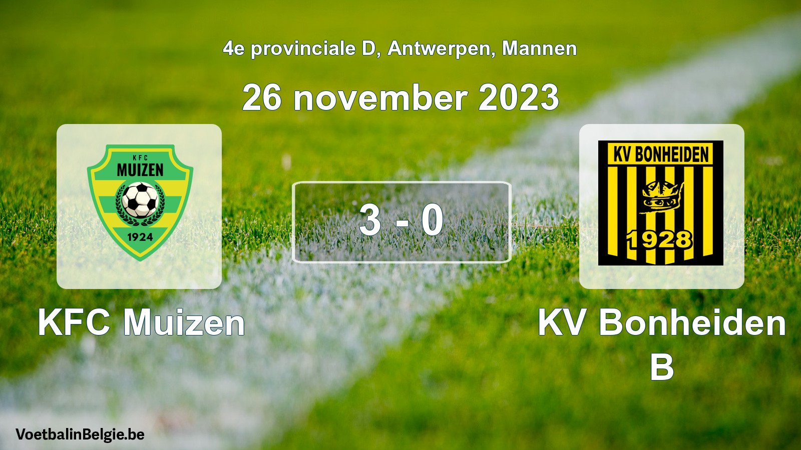 Gespeelde wedstrijd mannenvoetbal: KFC Muizen - KV Bonheiden B 3 - 0 (26 november 2023)