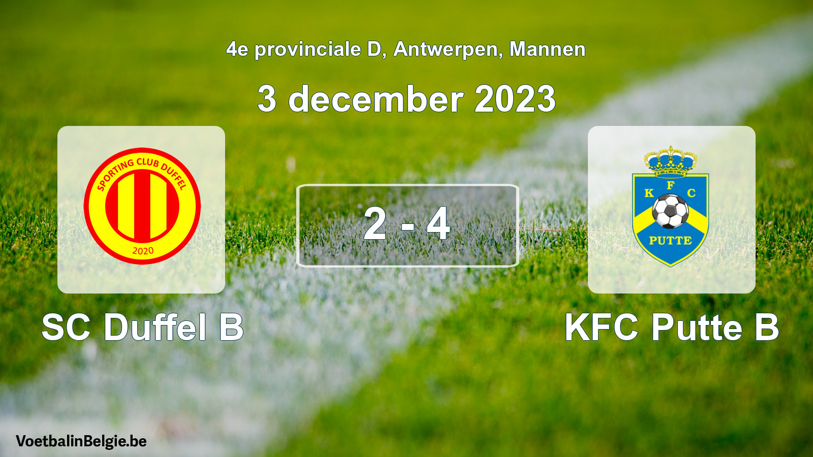 Gespeelde wedstrijd mannenvoetbal: SC Duffel B - KFC Putte B 2 - 4 (3 december 2023)