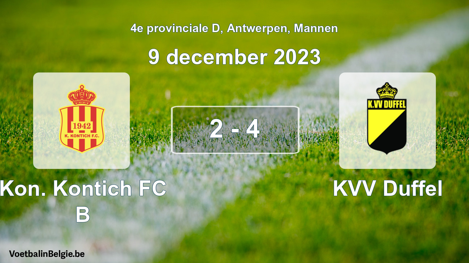 Gespeelde wedstrijd mannenvoetbal: Kon. Kontich FC B - KVV Duffel 2 - 4 (9 december 2023)
