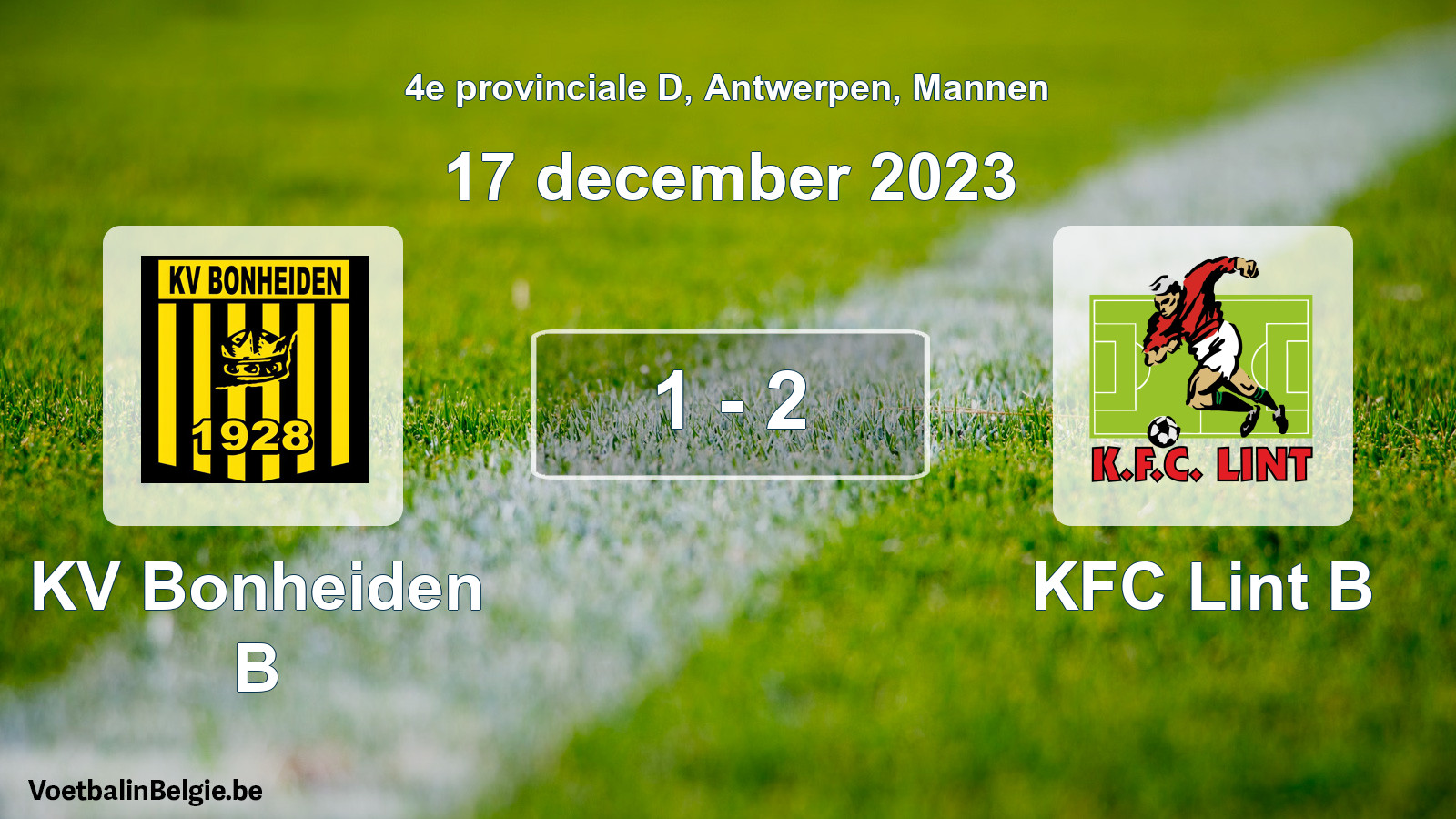 Gespeelde wedstrijd mannenvoetbal: KV Bonheiden B - KFC Lint B 1 - 2 (17 december 2023)