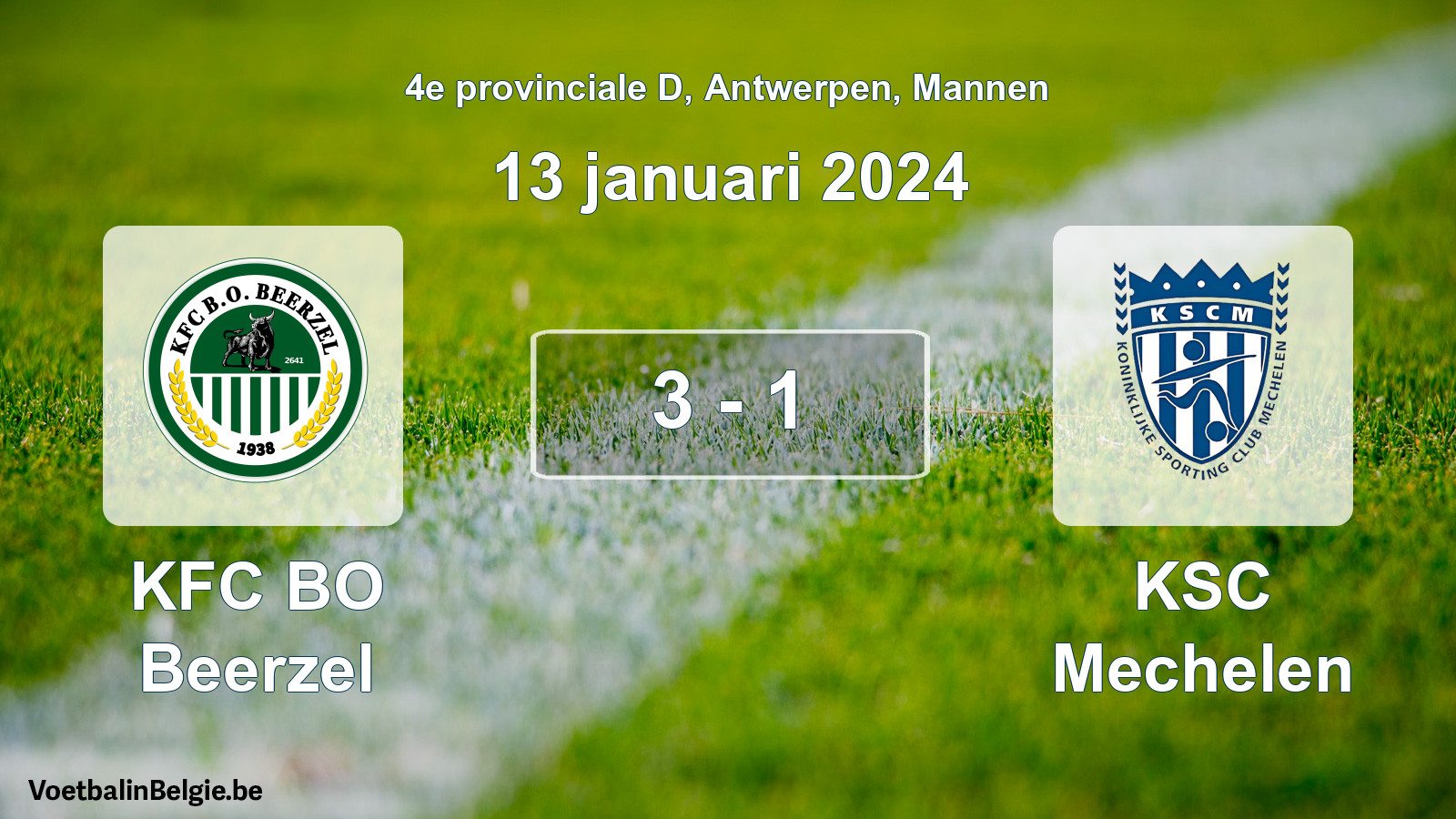 Gespeelde wedstrijd mannenvoetbal: KFC BO Beerzel - KSC Mechelen 3 - 1 (13 januari 2024)