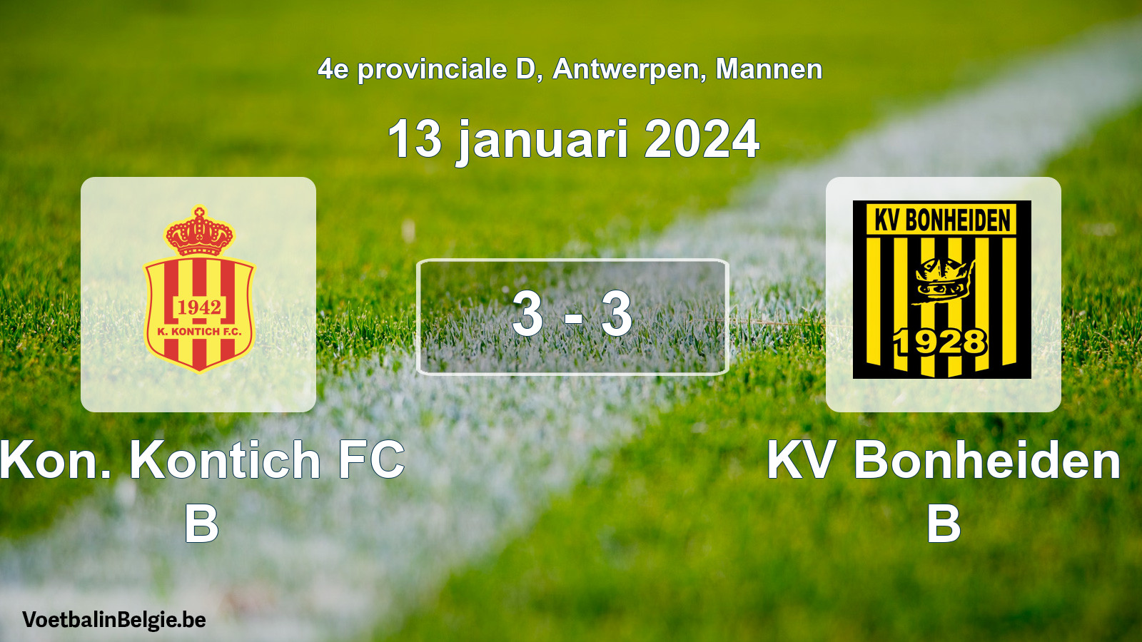 Gespeelde wedstrijd mannenvoetbal: Kon. Kontich FC B - KV Bonheiden B 3 - 3 (13 januari 2024)