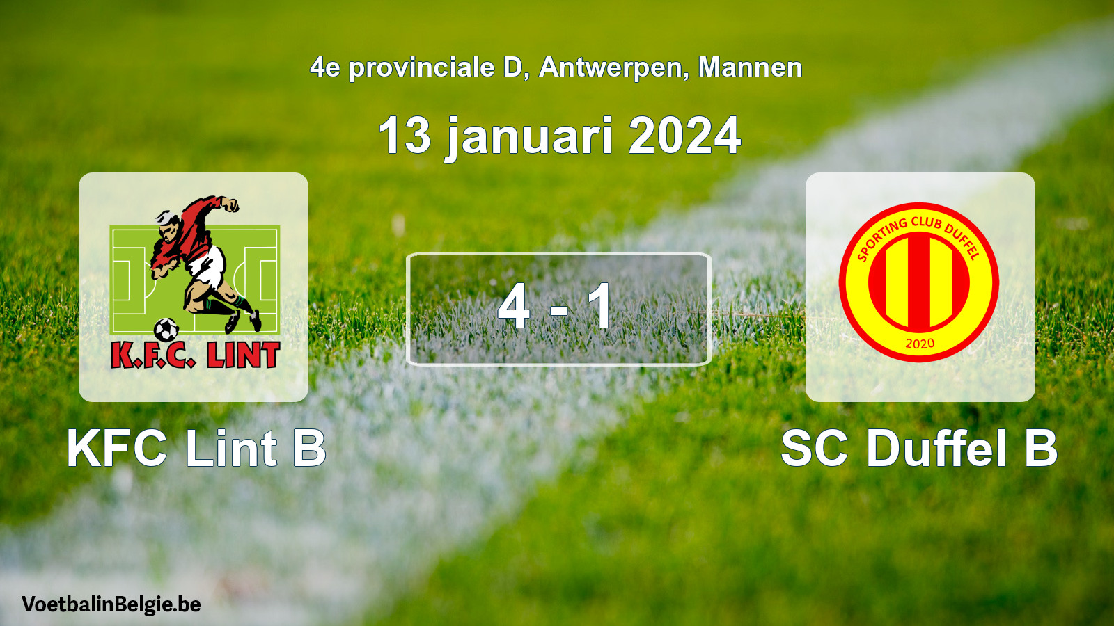 Gespeelde wedstrijd mannenvoetbal: KFC Lint B - SC Duffel B 4 - 1 (13 januari 2024)