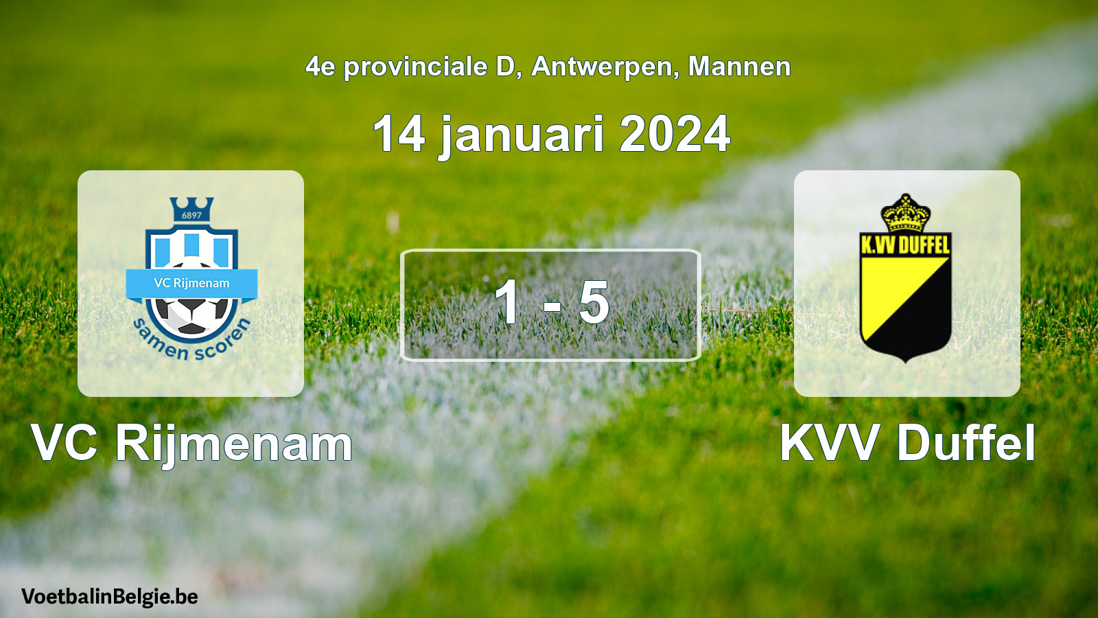 Gespeelde wedstrijd mannenvoetbal: VC Rijmenam - KVV Duffel 1 - 5 (14 januari 2024)