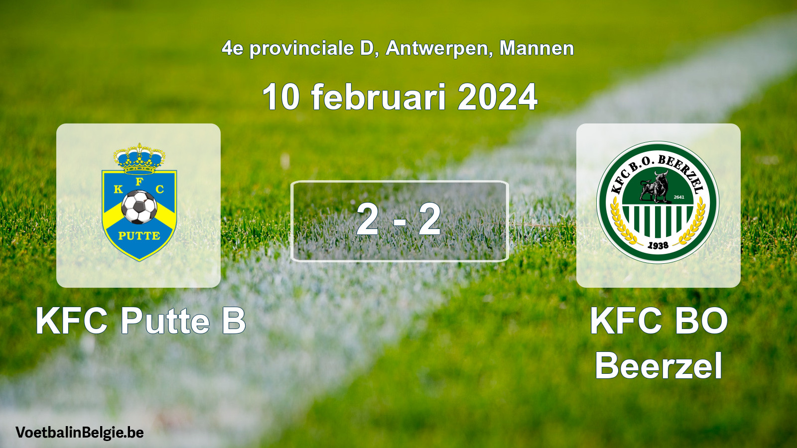 Gespeelde wedstrijd mannenvoetbal: KFC Putte B - KFC BO Beerzel 2 - 2 (10 februari 2024)