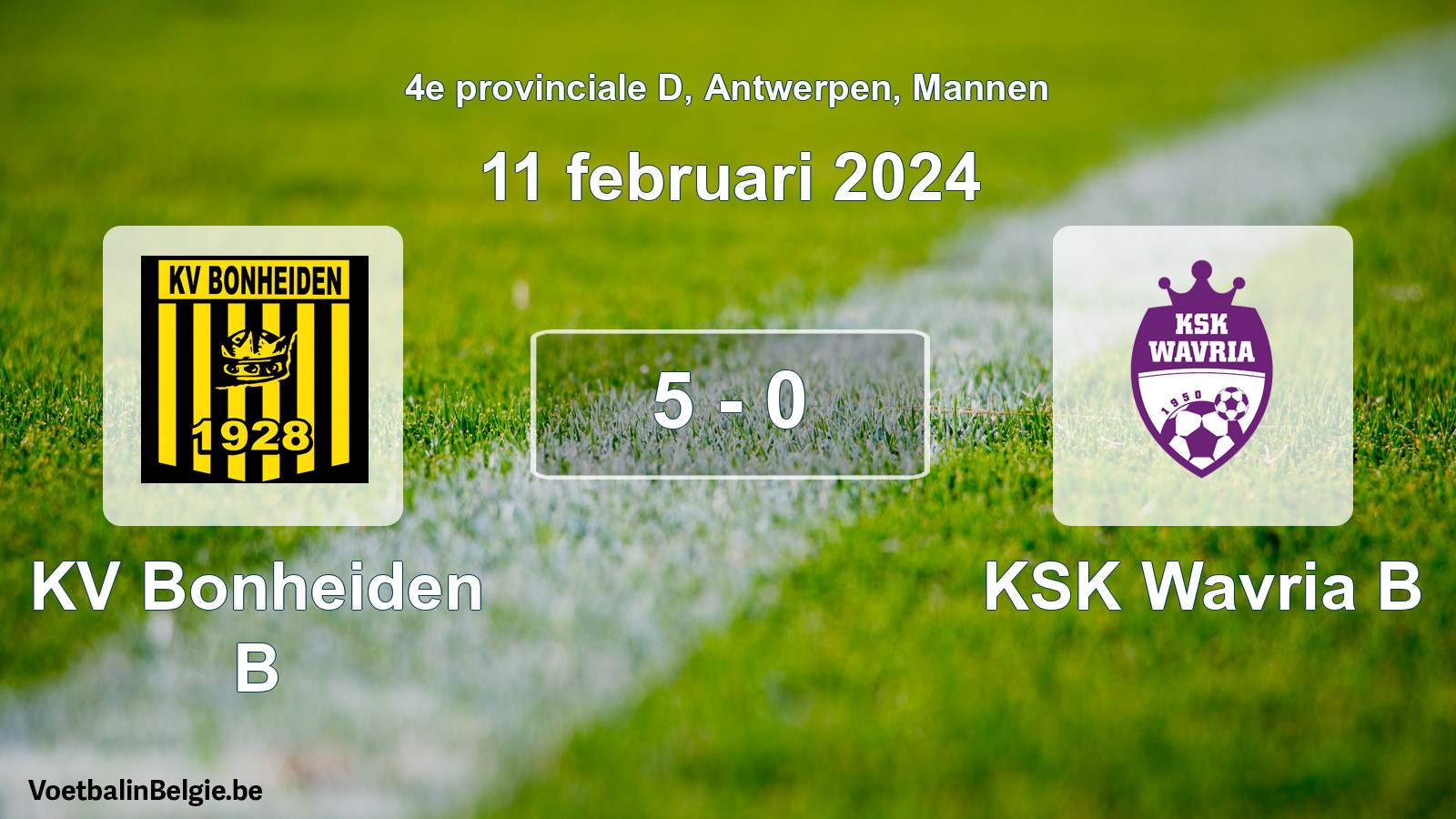 Gespeelde wedstrijd mannenvoetbal: KV Bonheiden B - KSK Wavria B 5 - 0 (11 februari 2024)