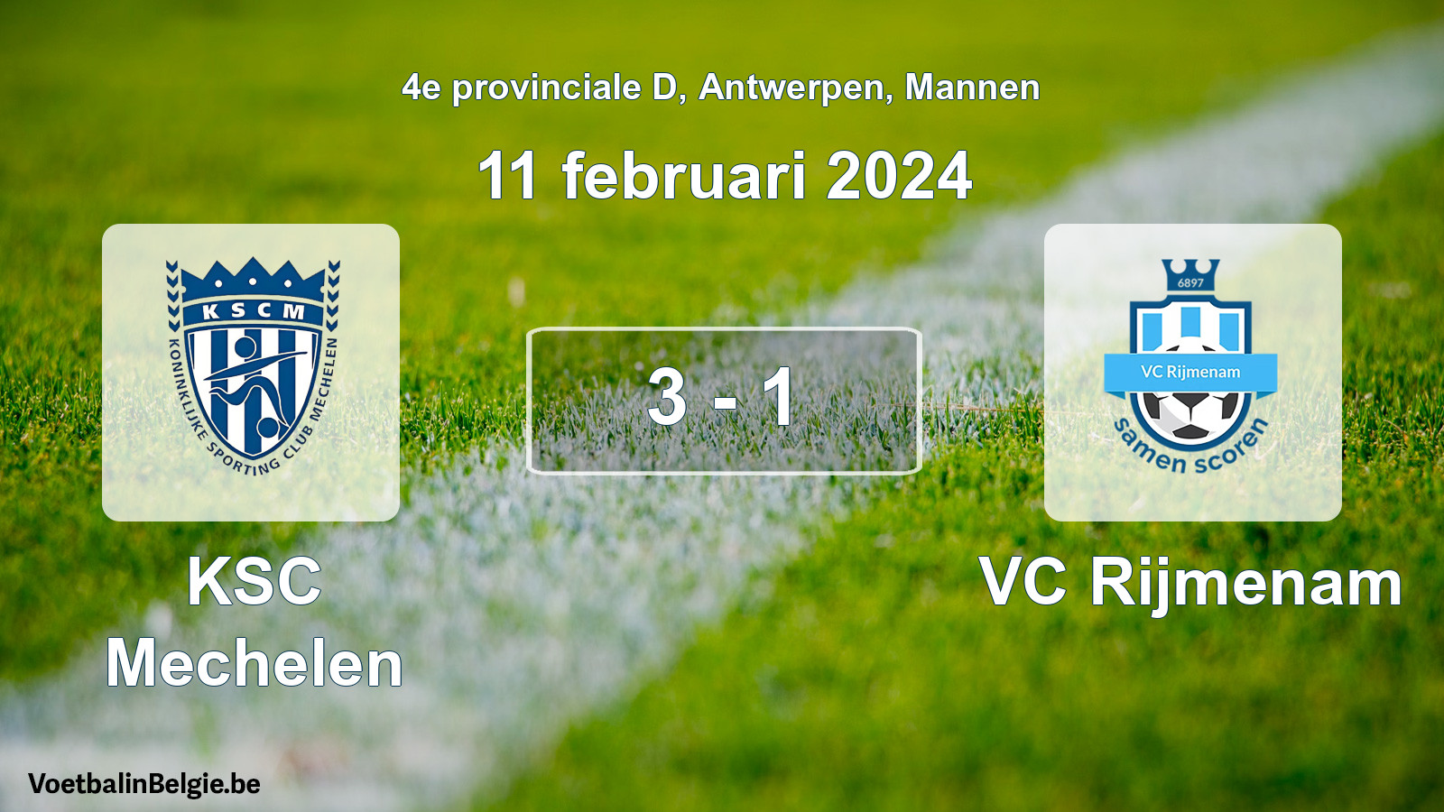 Gespeelde wedstrijd mannenvoetbal: KSC Mechelen - VC Rijmenam 3 - 1 (11 februari 2024)