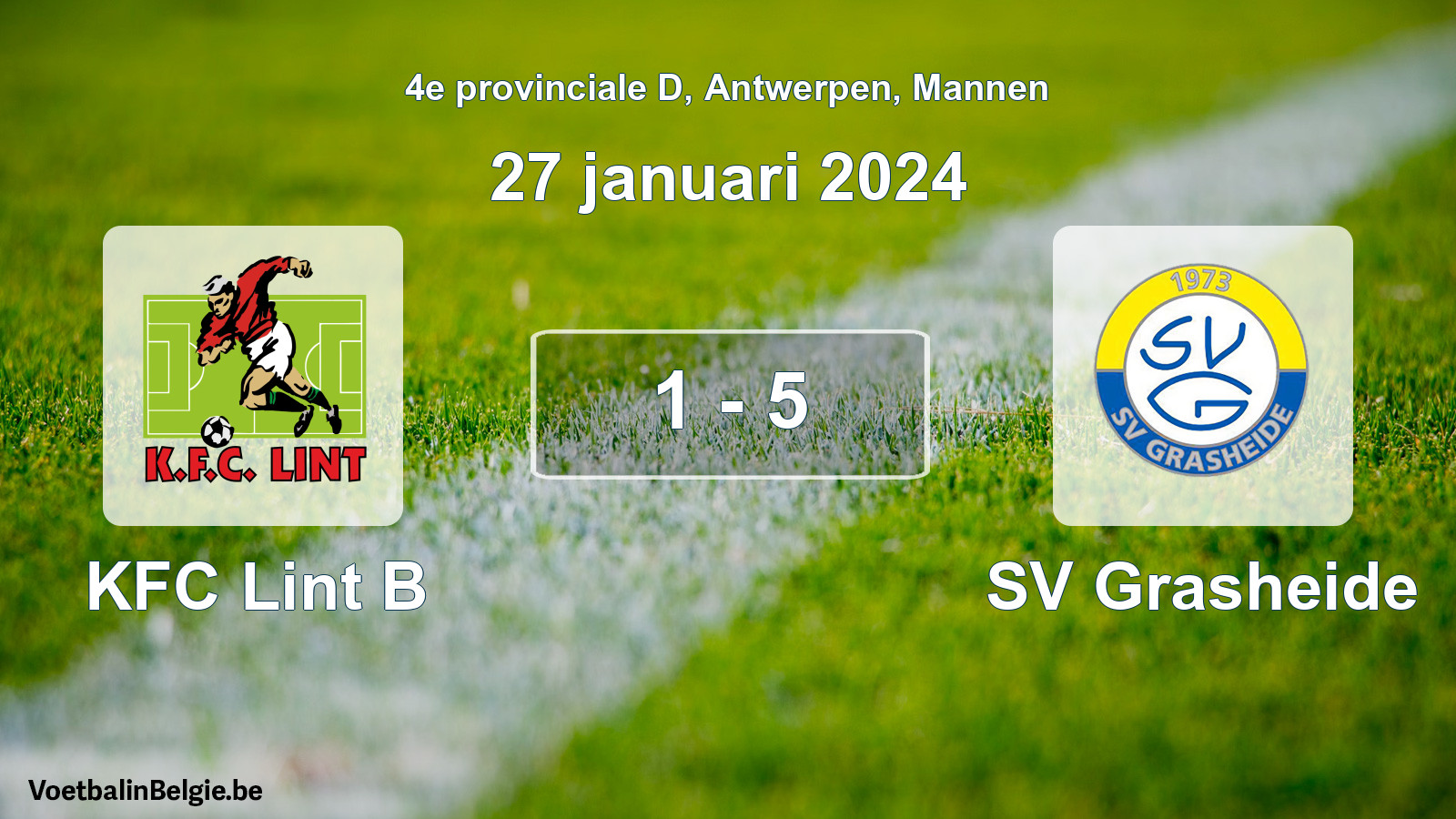 Gespeelde wedstrijd mannenvoetbal: KFC Lint B - SV Grasheide 1 - 5 (27 januari 2024)