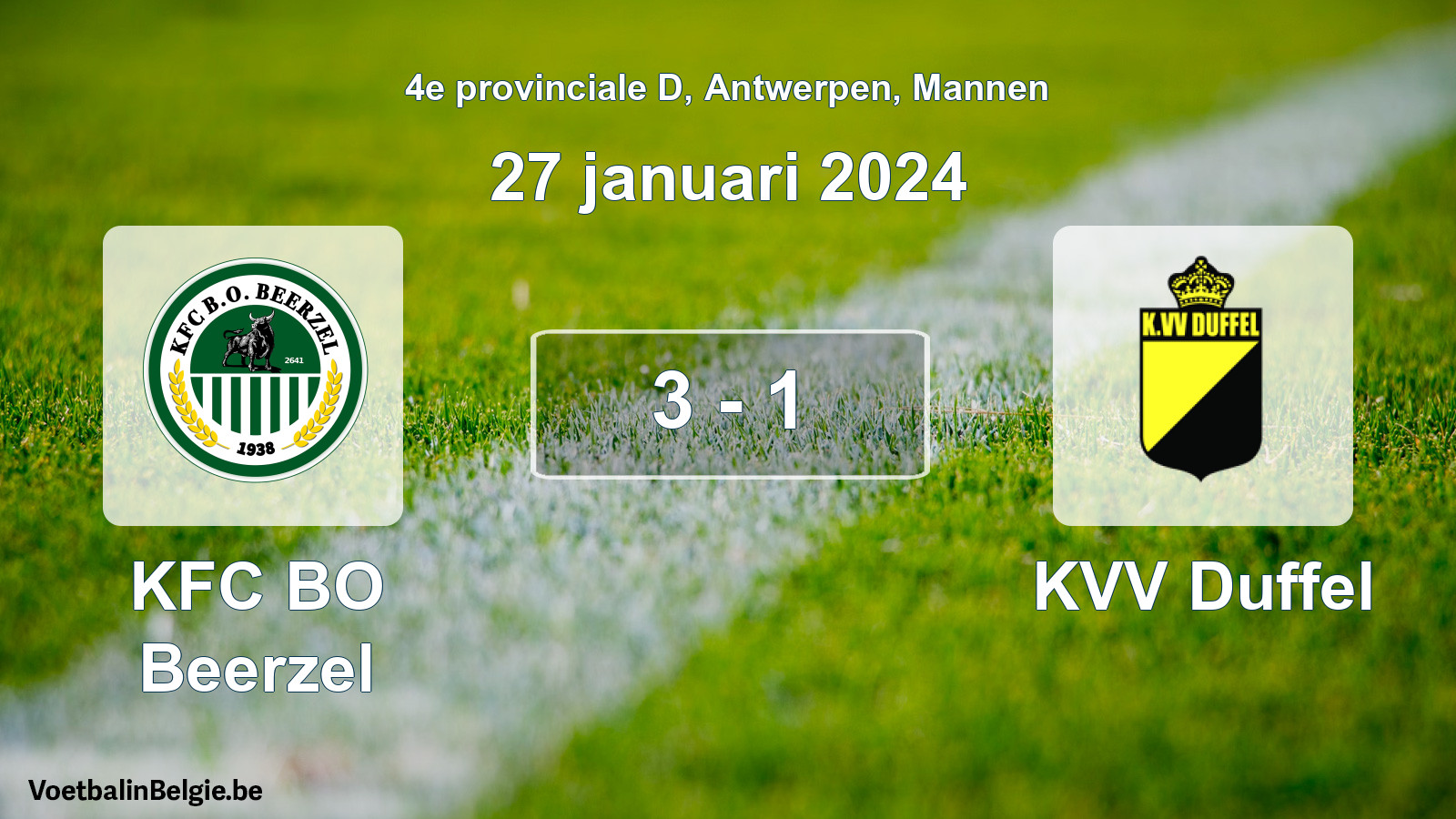Gespeelde wedstrijd mannenvoetbal: KFC BO Beerzel - KVV Duffel 3 - 1 (27 januari 2024)