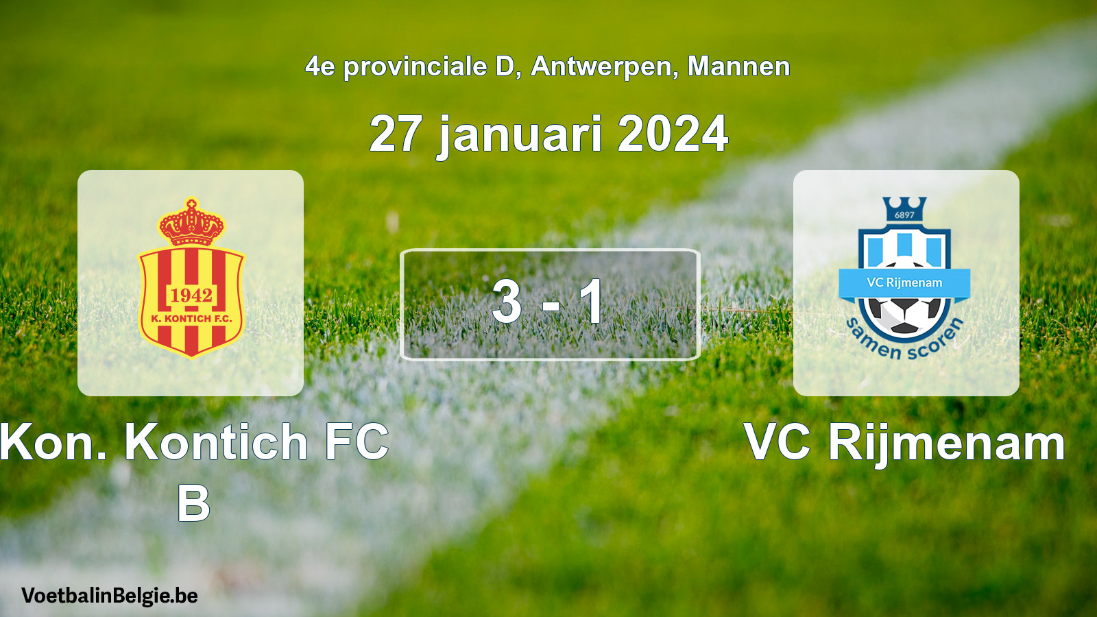 Gespeelde wedstrijd mannenvoetbal: Kon. Kontich FC B - VC Rijmenam 3 - 1 (27 januari 2024)