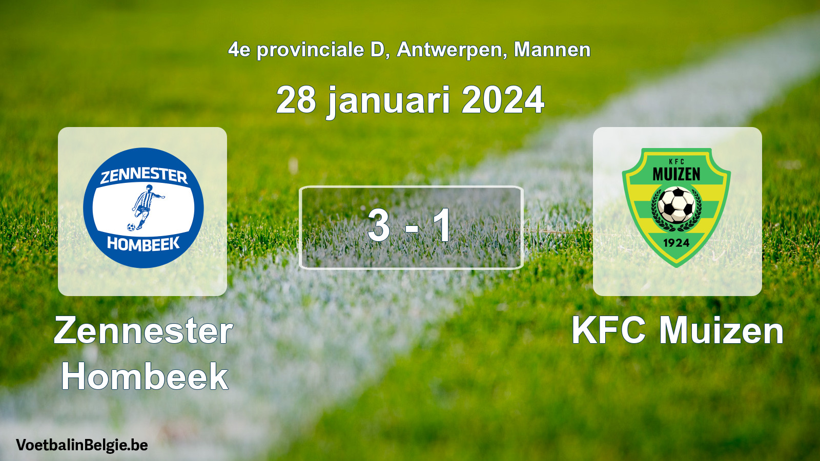 Gespeelde wedstrijd mannenvoetbal: Zennester Hombeek - KFC Muizen 3 - 1 (28 januari 2024)