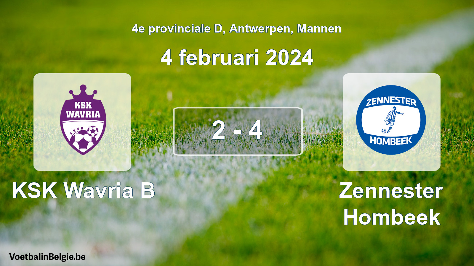 Gespeelde wedstrijd mannenvoetbal: KSK Wavria B - Zennester Hombeek 2 - 4 (4 februari 2024)