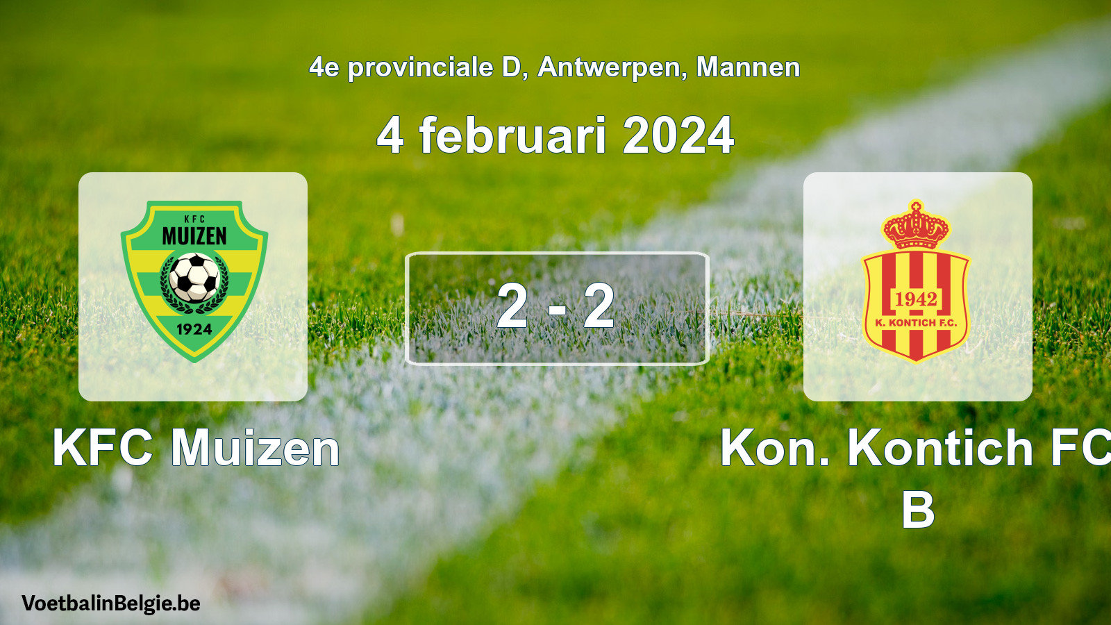 Gespeelde wedstrijd mannenvoetbal: KFC Muizen - Kon. Kontich FC B 2 - 2 (4 februari 2024)