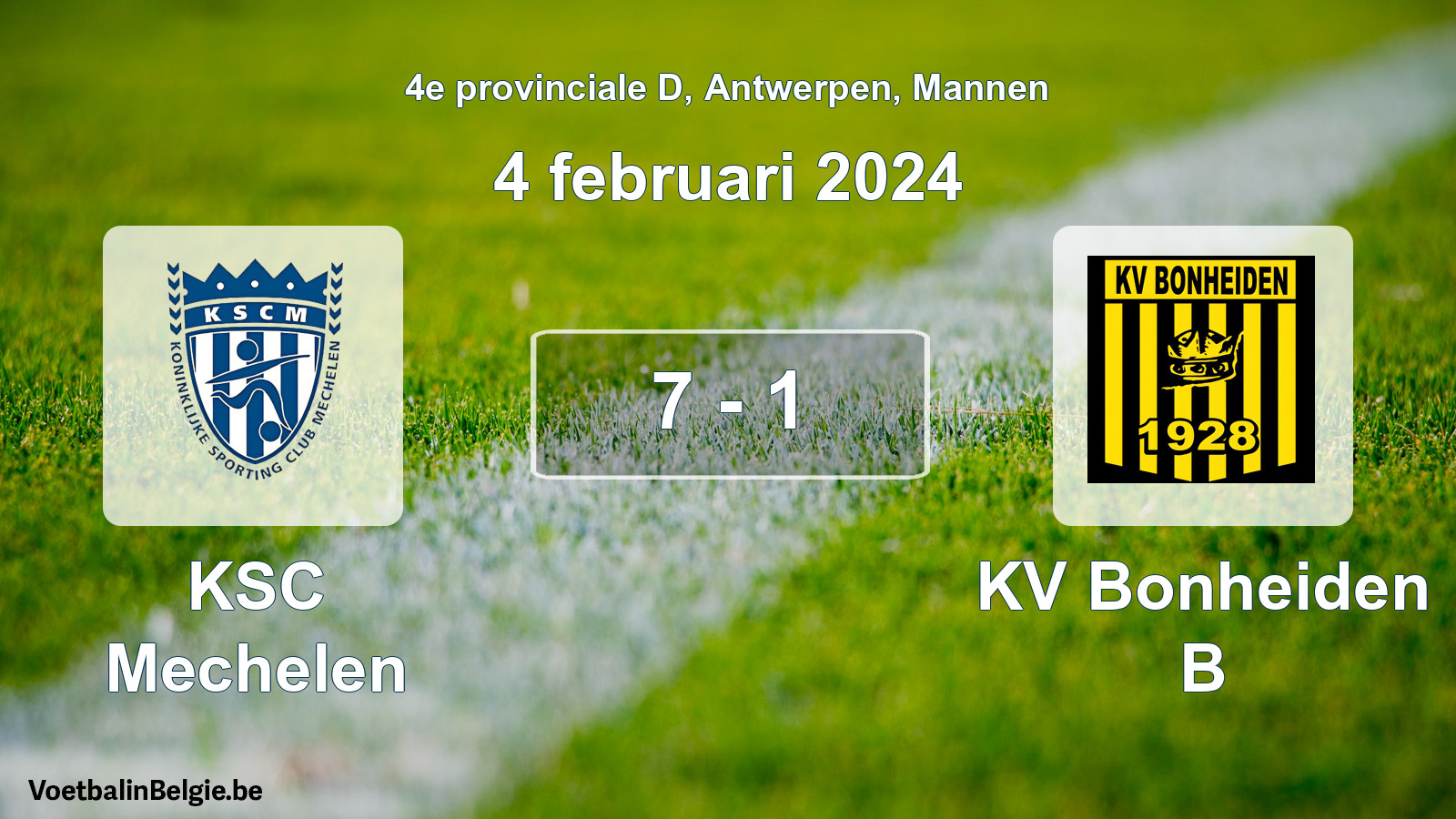 Gespeelde wedstrijd mannenvoetbal: KSC Mechelen - KV Bonheiden B 7 - 1 (4 februari 2024)
