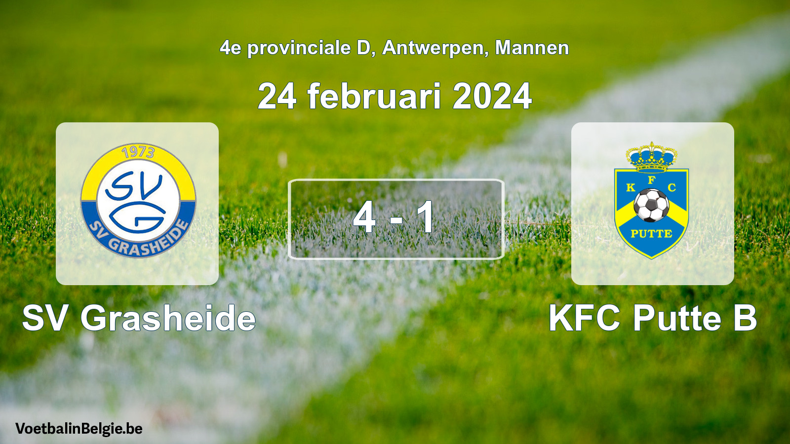Gespeelde wedstrijd mannenvoetbal: SV Grasheide - KFC Putte B 4 - 1 (24 februari 2024)