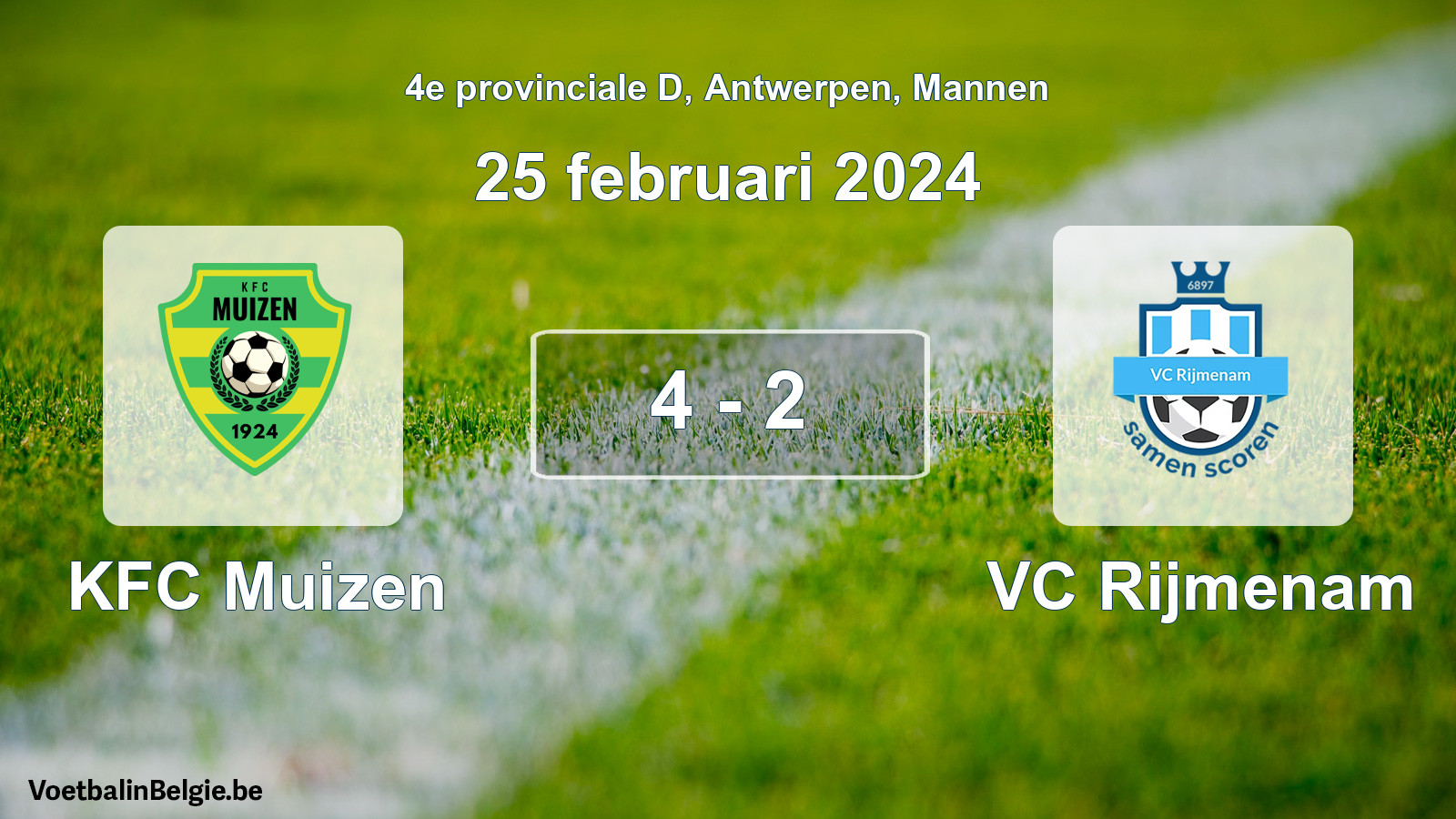 Gespeelde wedstrijd mannenvoetbal: KFC Muizen - VC Rijmenam 4 - 2 (25 februari 2024)