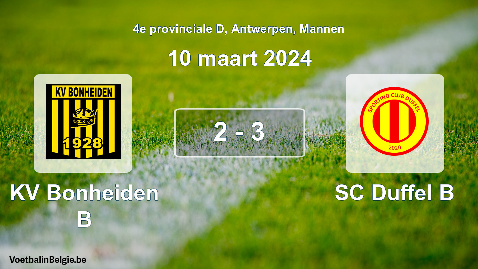 Gespeelde wedstrijd mannenvoetbal: KV Bonheiden B - SC Duffel B 2 - 3 (10 maart 2024)