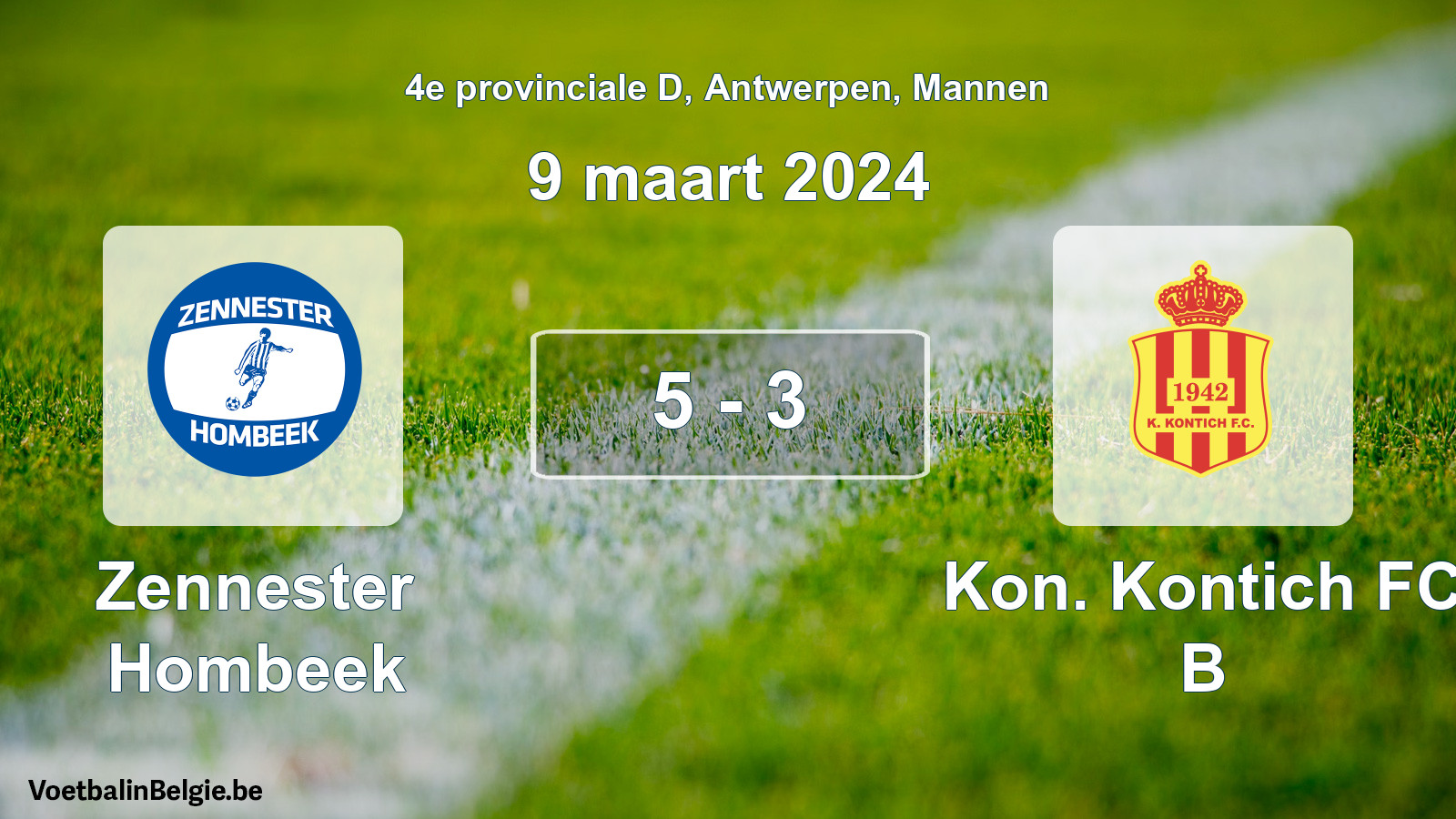Gespeelde wedstrijd mannenvoetbal: Zennester Hombeek - Kon. Kontich FC B 5 - 3 (9 maart 2024)