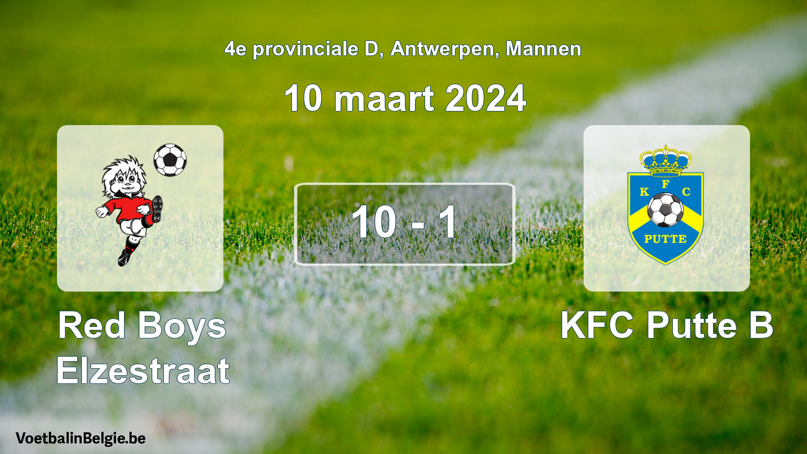Gespeelde wedstrijd mannenvoetbal: Red Boys Elzestraat - KFC Putte B 10 - 1 (10 maart 2024)