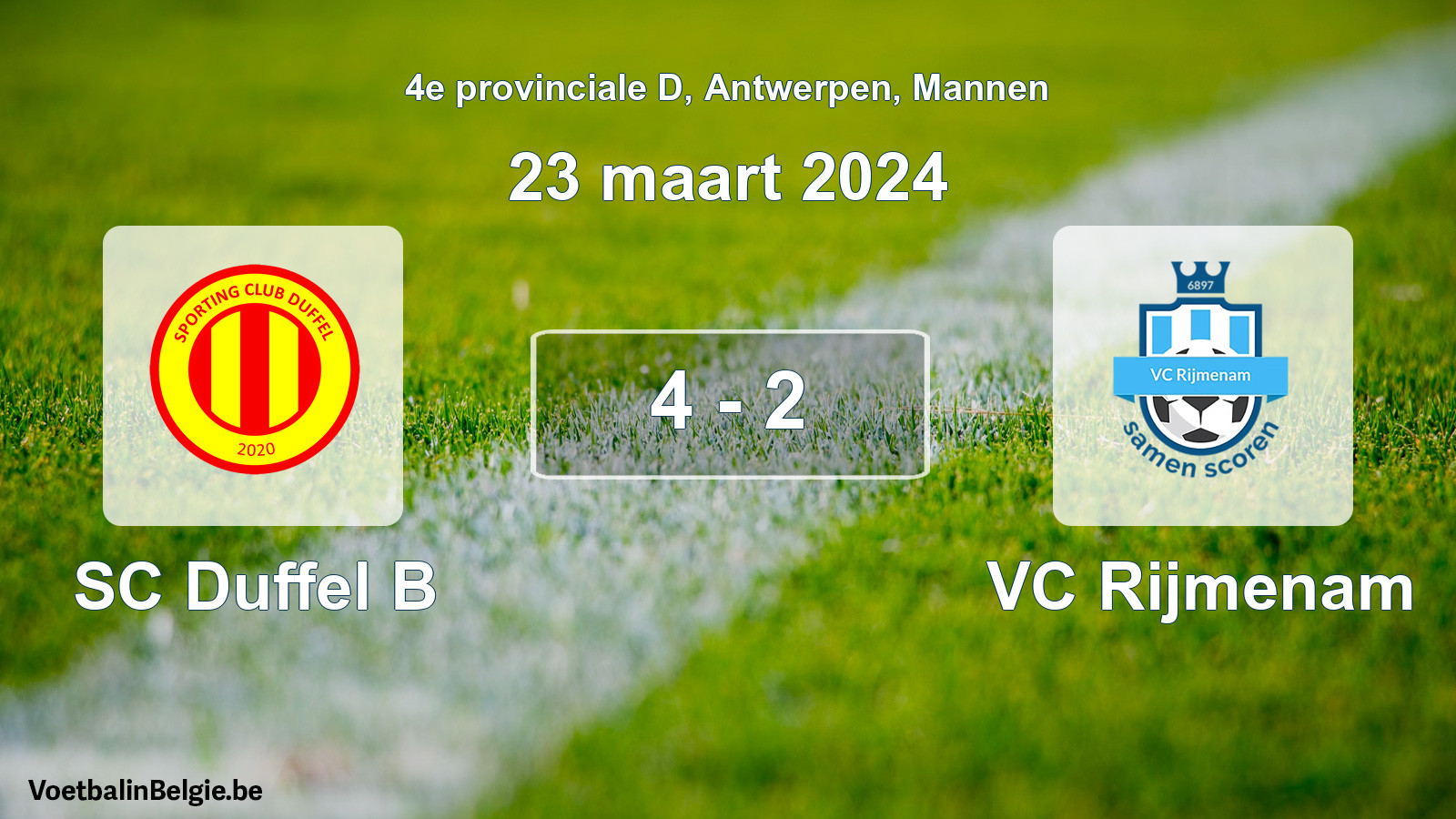 Gespeelde wedstrijd mannenvoetbal: SC Duffel B - VC Rijmenam 4 - 2 (23 maart 2024)