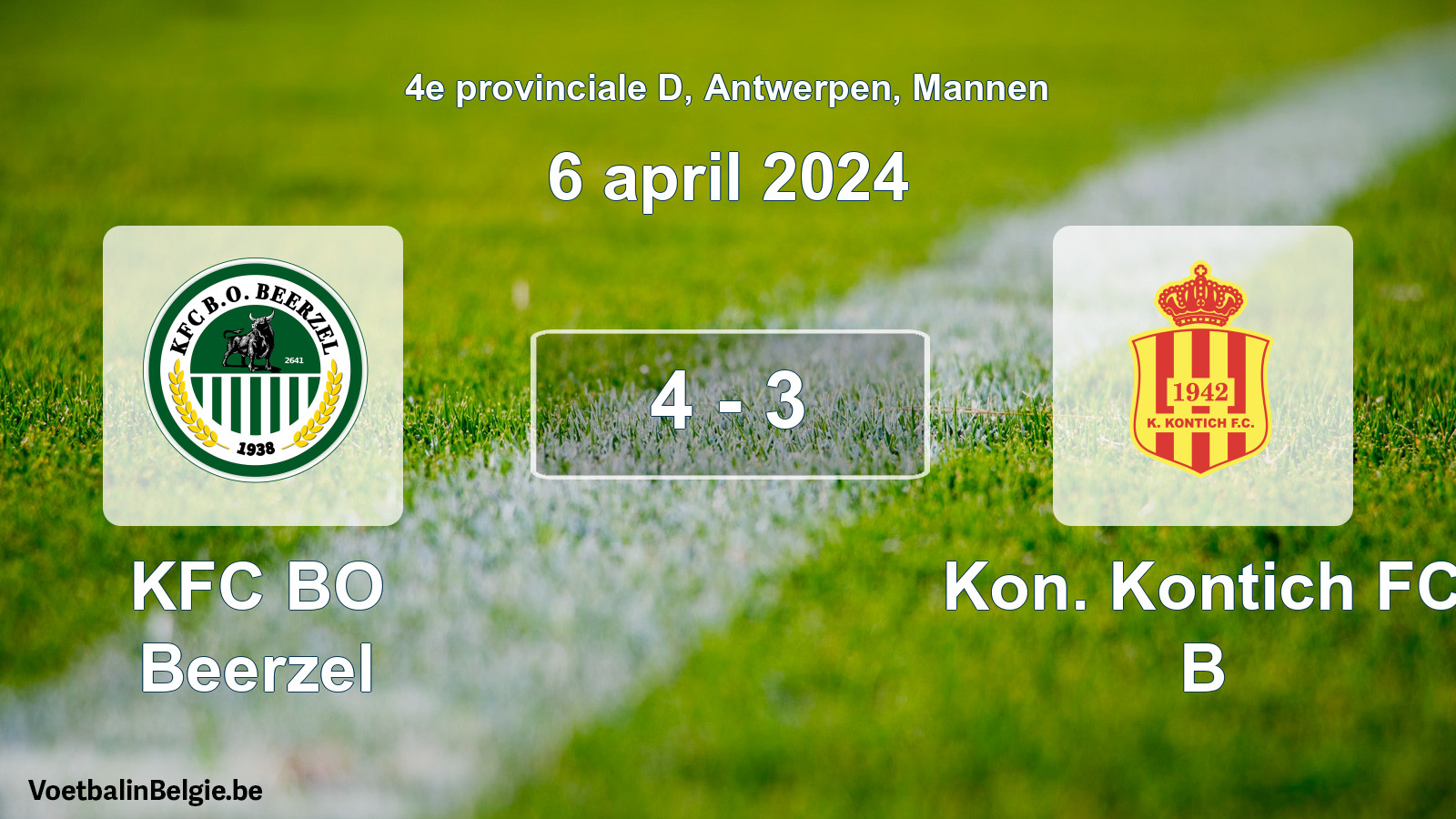 Gespeelde wedstrijd mannenvoetbal: KFC BO Beerzel - Kon. Kontich FC B 4 - 3 (6 april 2024)
