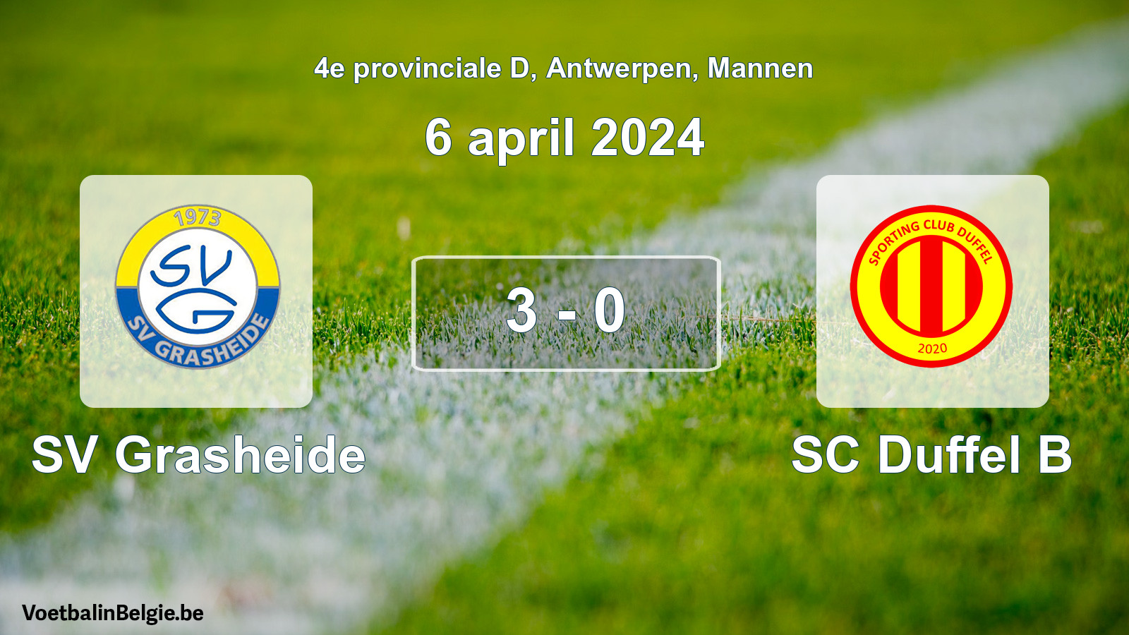 Gespeelde wedstrijd mannenvoetbal: SV Grasheide - SC Duffel B 3 - 0 (6 april 2024)