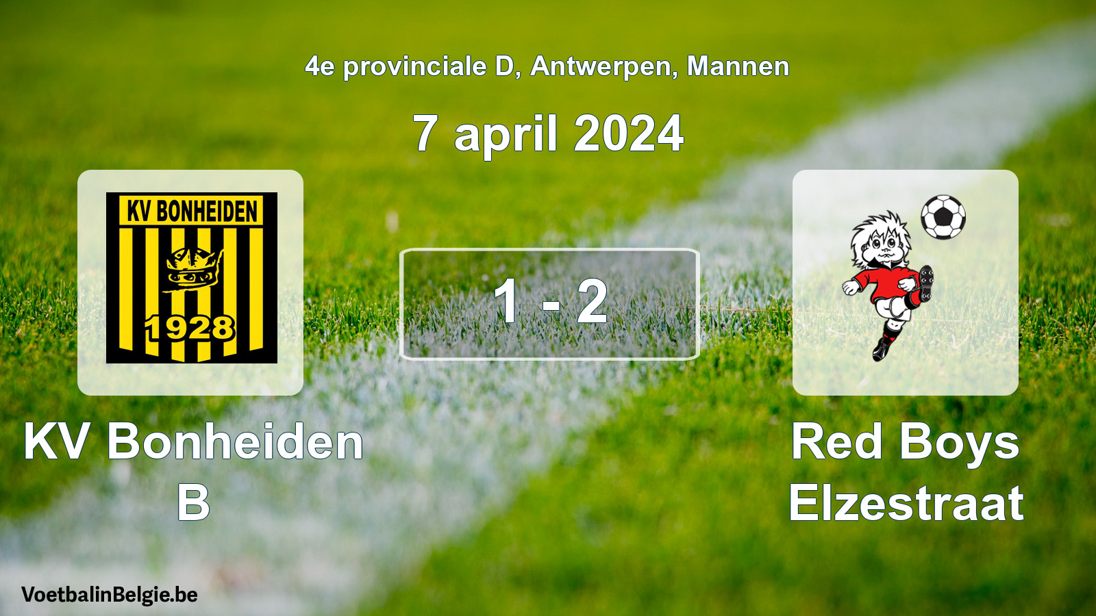 Gespeelde wedstrijd mannenvoetbal: KV Bonheiden B - Red Boys Elzestraat 1 - 2 (7 april 2024)
