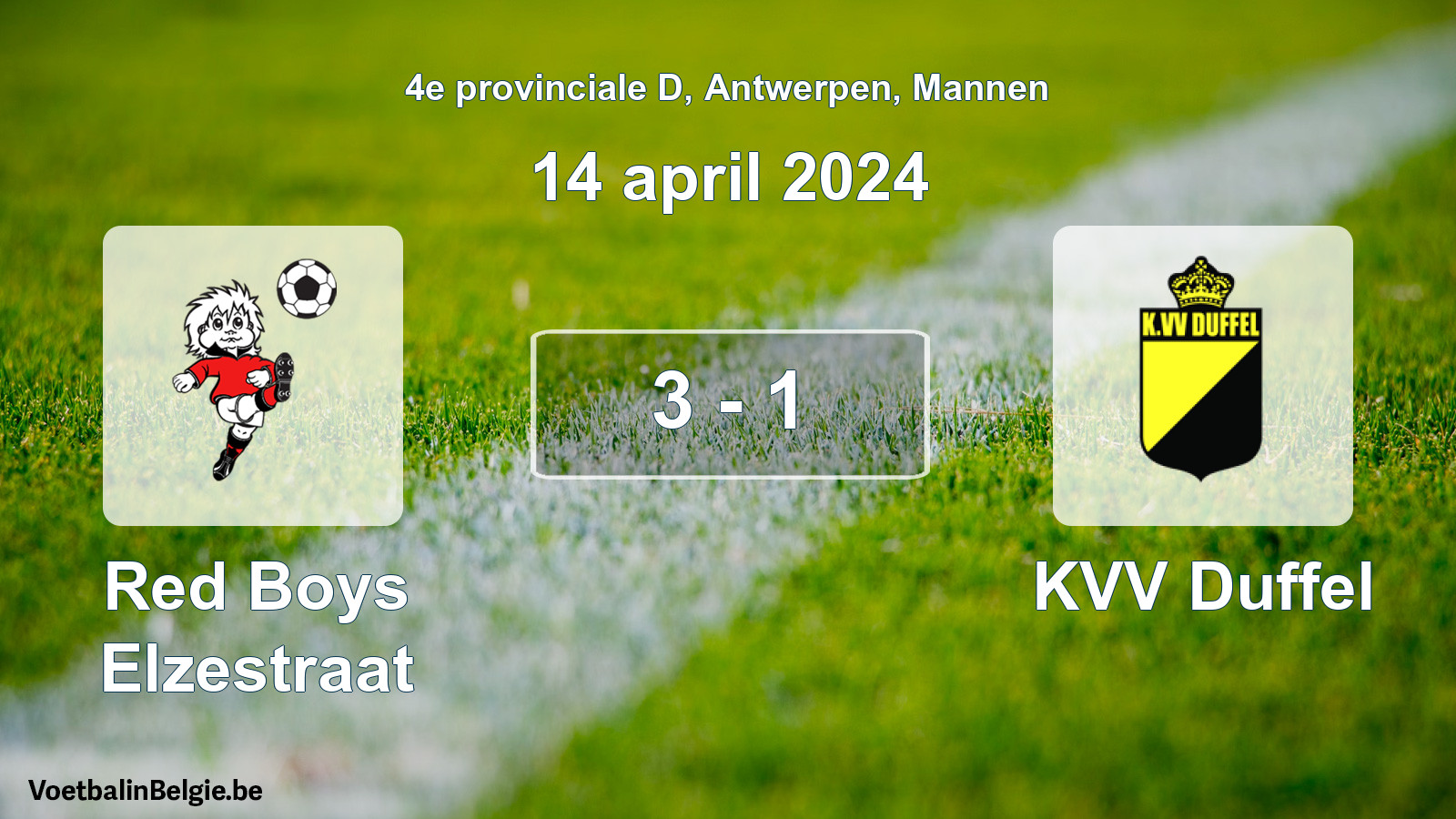 Gespeelde wedstrijd mannenvoetbal: Red Boys Elzestraat - KVV Duffel 3 - 1 (14 april 2024)