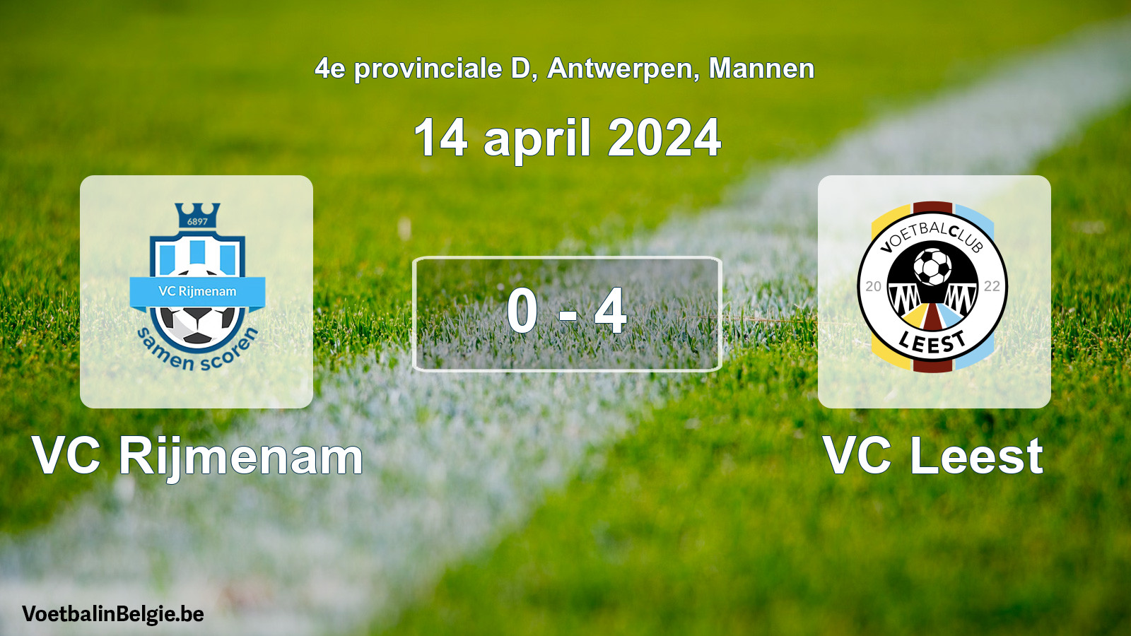 Gespeelde wedstrijd mannenvoetbal: VC Rijmenam - VC Leest 0 - 4 (14 april 2024)