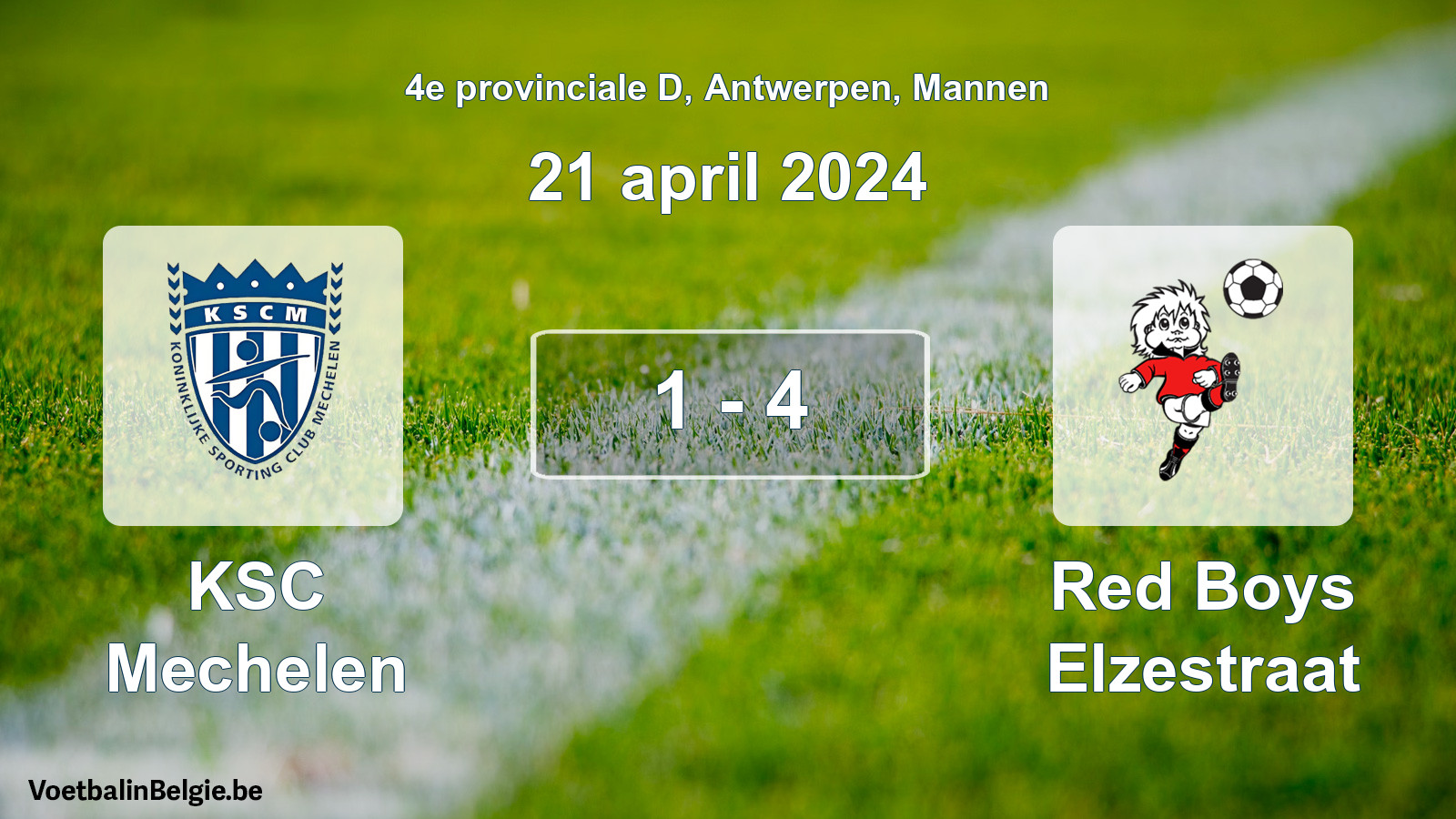 Gespeelde wedstrijd mannenvoetbal: KSC Mechelen - Red Boys Elzestraat 1 - 4 (21 april 2024)