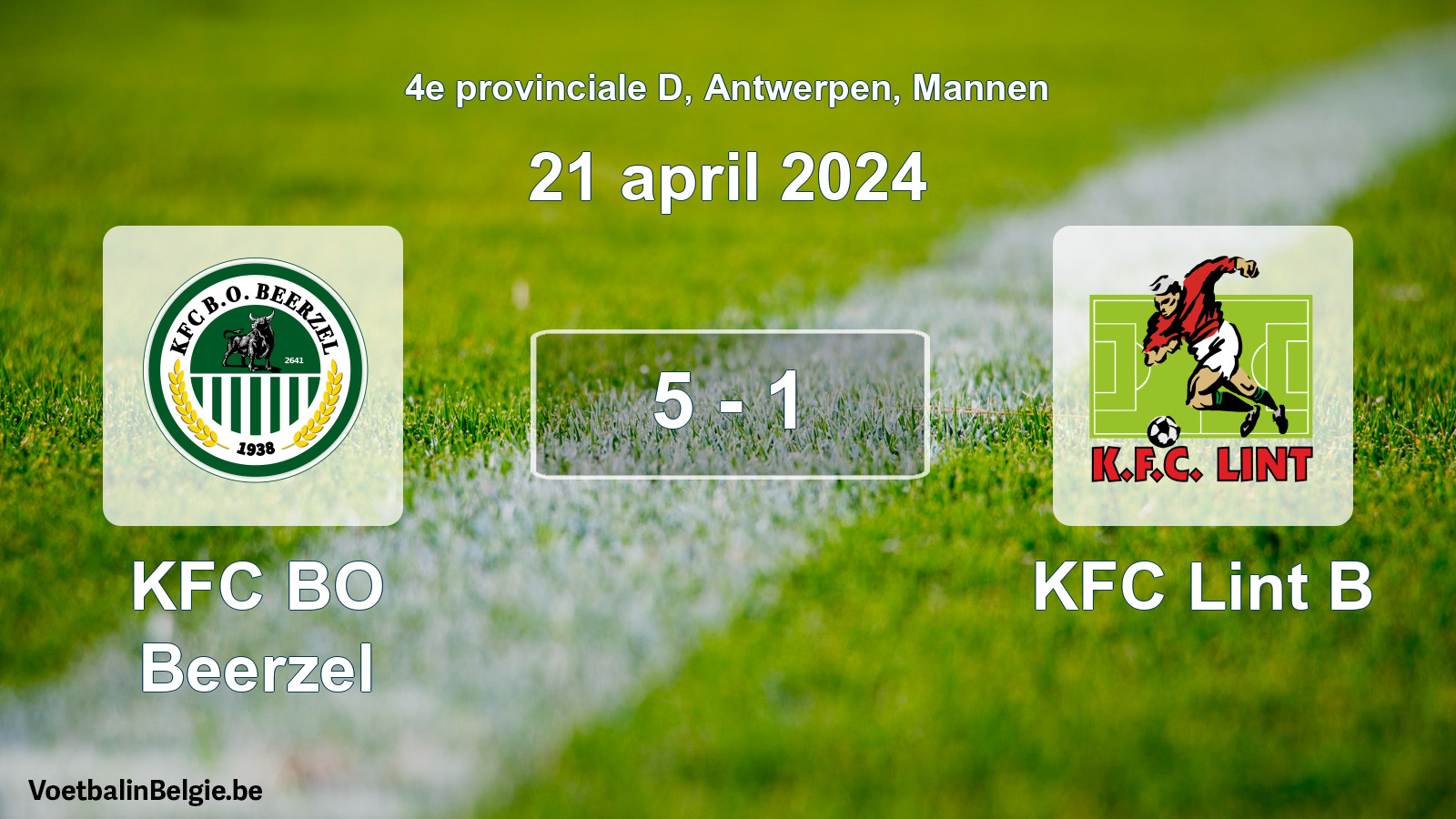 Gespeelde wedstrijd mannenvoetbal: KFC BO Beerzel - KFC Lint B 5 - 1 (21 april 2024)