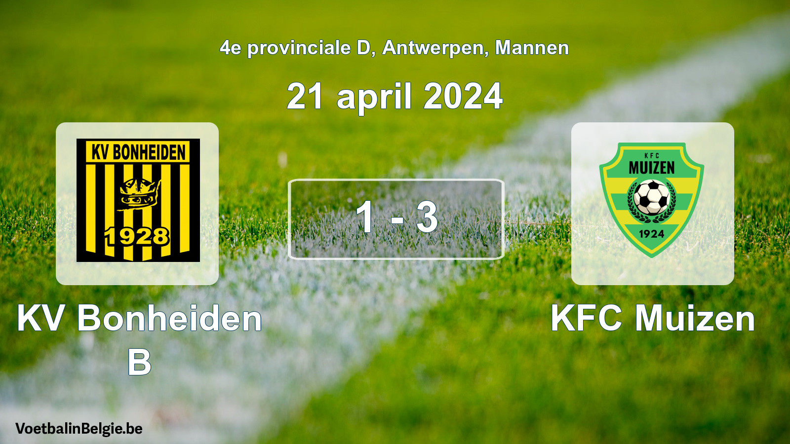 Gespeelde wedstrijd mannenvoetbal: KV Bonheiden B - KFC Muizen 1 - 3 (21 april 2024)