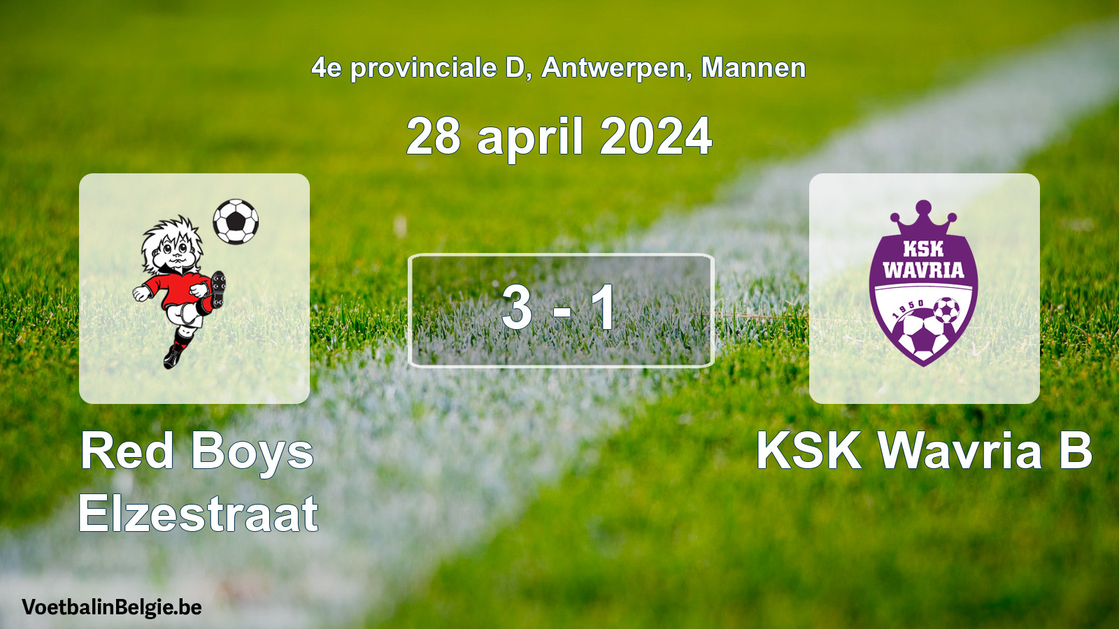 Gespeelde wedstrijd mannenvoetbal: Red Boys Elzestraat - KSK Wavria B 3 - 1 (28 april 2024)