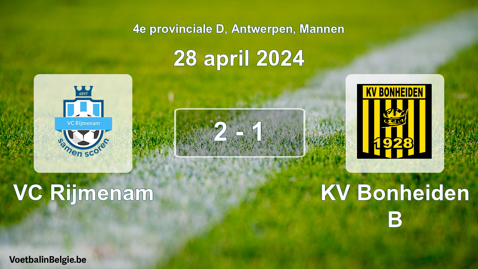 Gespeelde wedstrijd mannenvoetbal: VC Rijmenam - KV Bonheiden B 2 - 1 (28 april 2024)