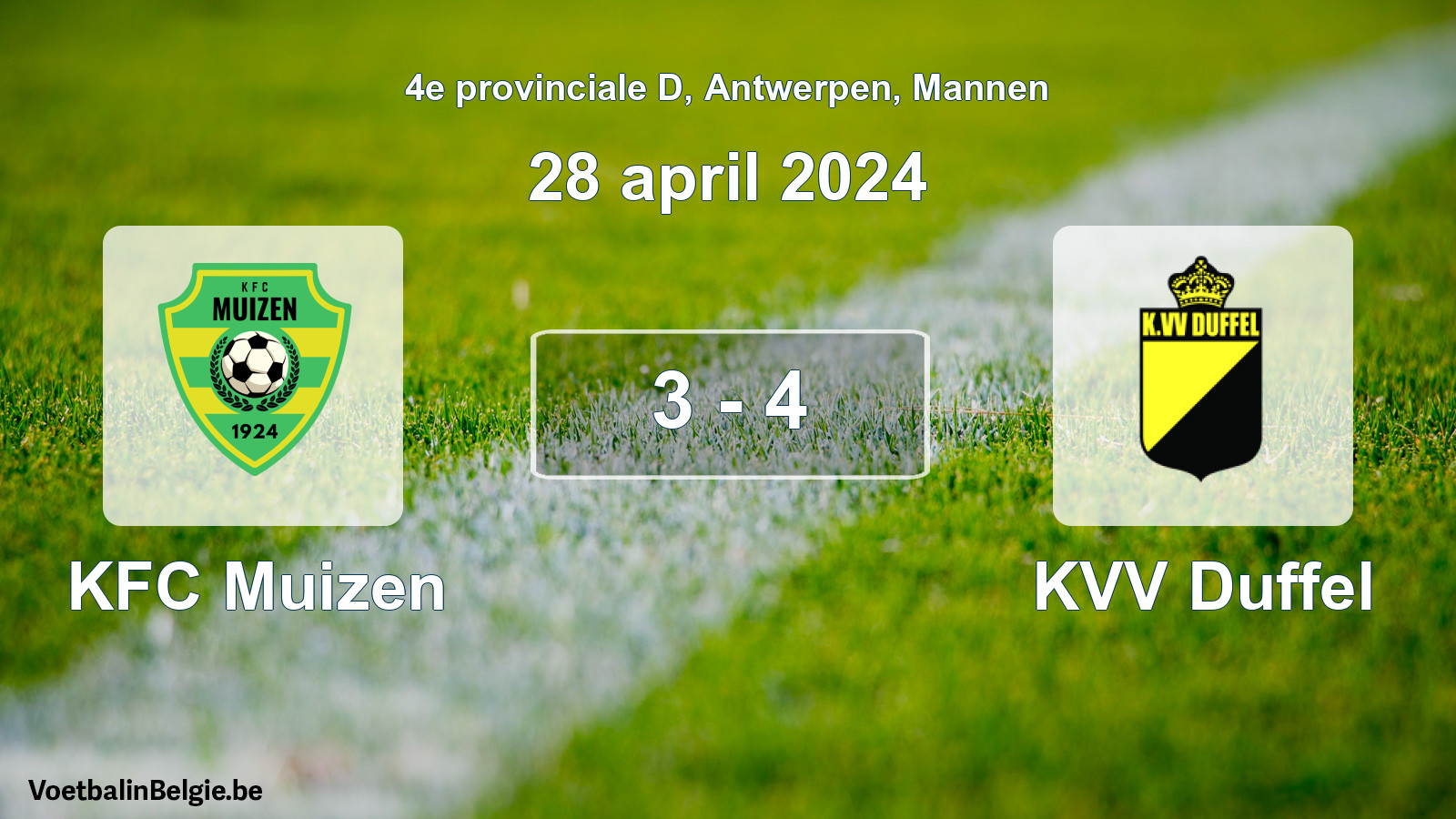 Gespeelde wedstrijd mannenvoetbal: KFC Muizen - KVV Duffel 3 - 4 (28 april 2024)