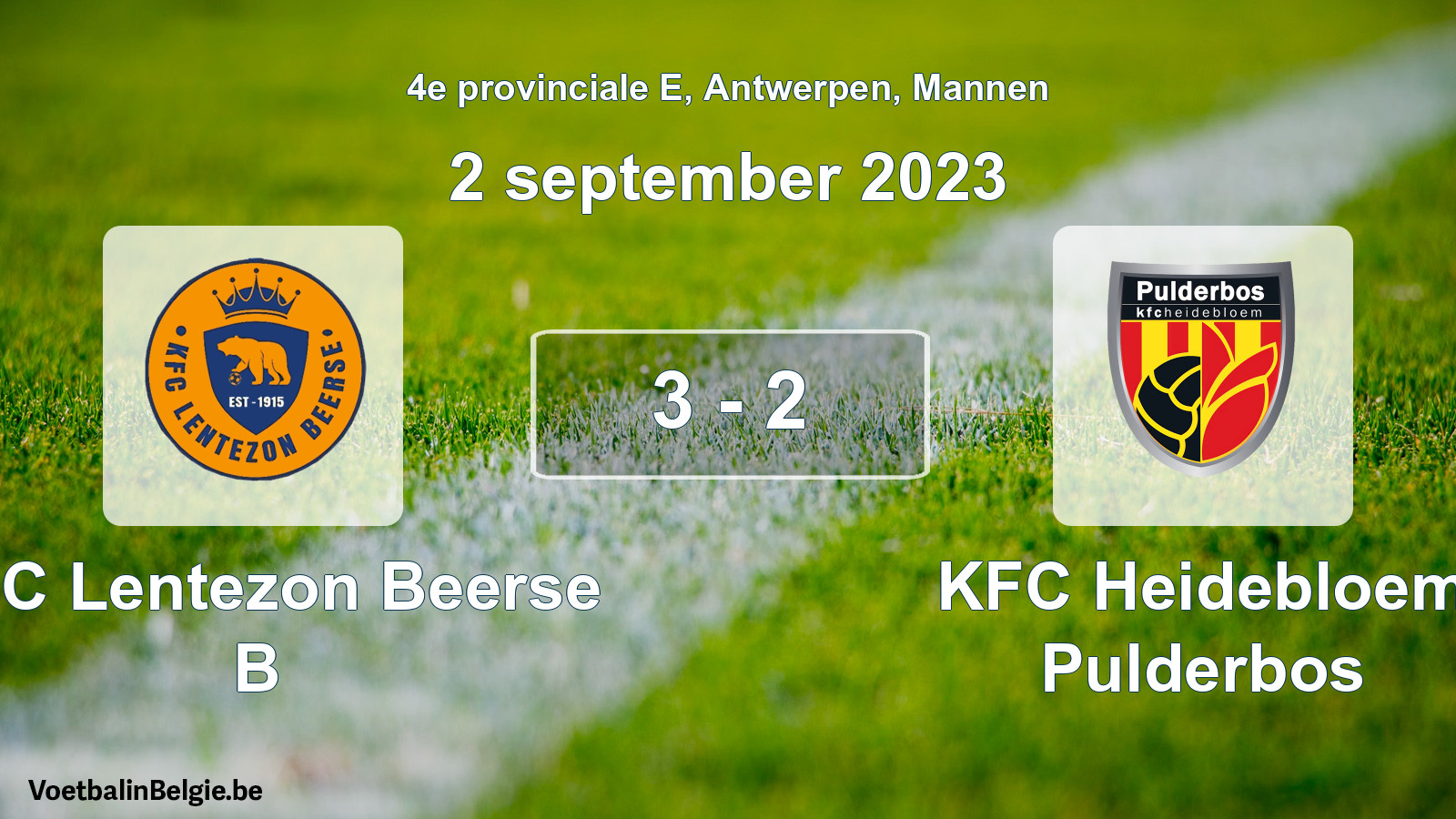 Gespeelde wedstrijd mannenvoetbal: KFC Lentezon Beerse B - KFC Heidebloem Pulderbos 3 - 2 (2 september 2023)
