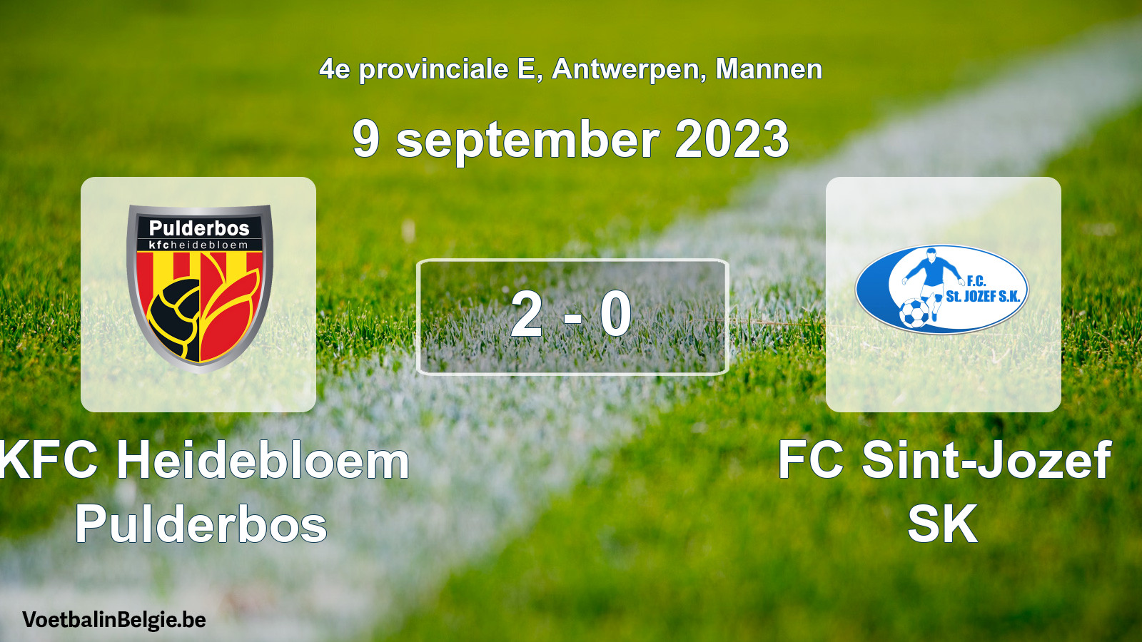 Gespeelde wedstrijd mannenvoetbal: KFC Heidebloem Pulderbos - FC Sint-Jozef SK 2 - 0 (9 september 2023)