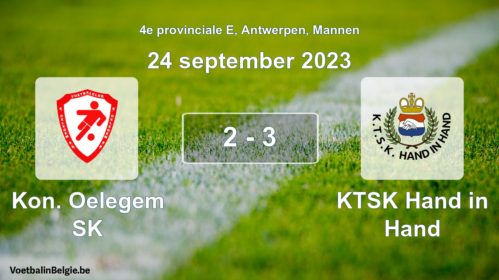 Gespeelde wedstrijd mannenvoetbal: Kon. Oelegem SK - KTSK Hand in Hand 2 - 3 (24 september 2023)